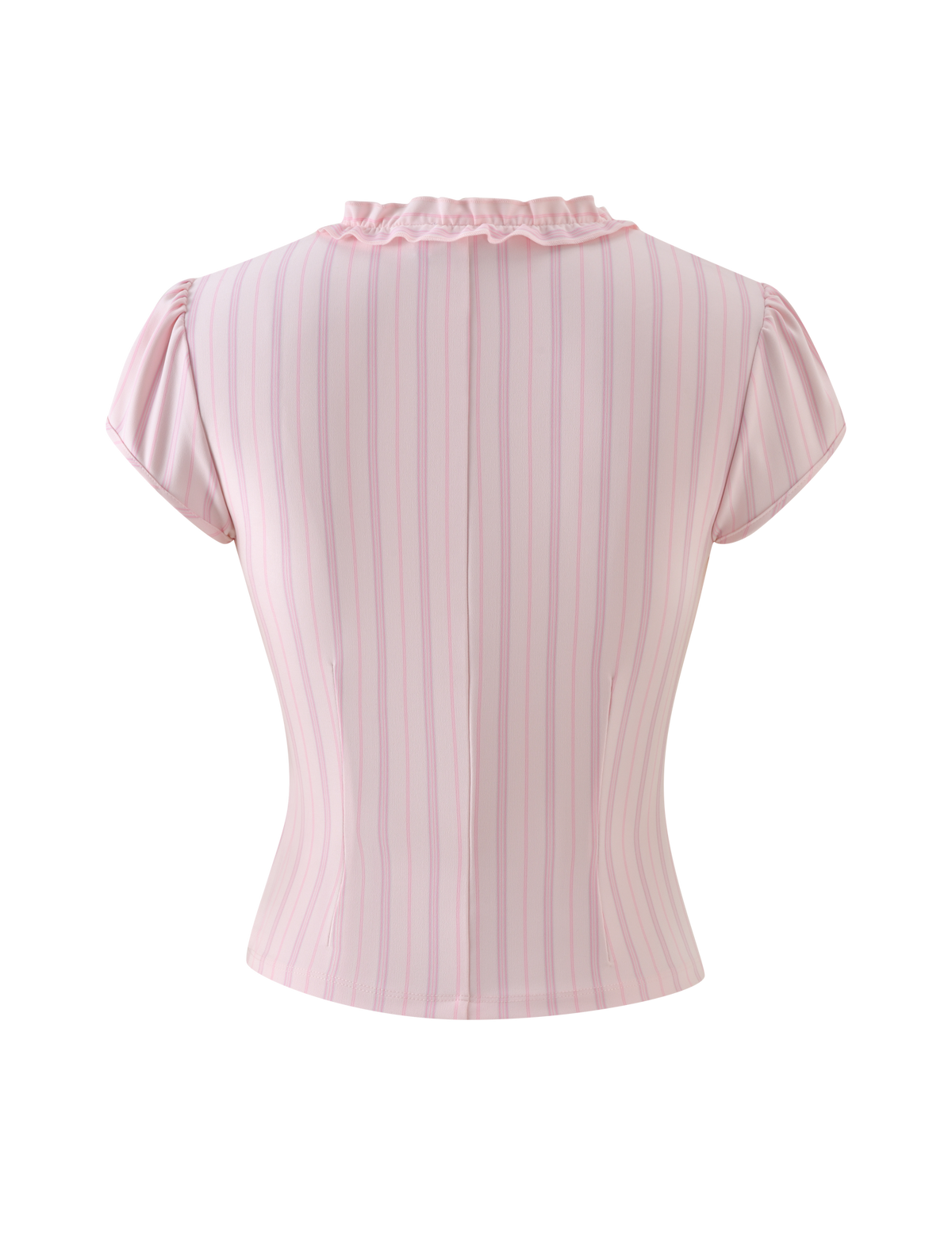 Tiger Mist Valerie Ruffle Top in Pink Pinstripe, back view