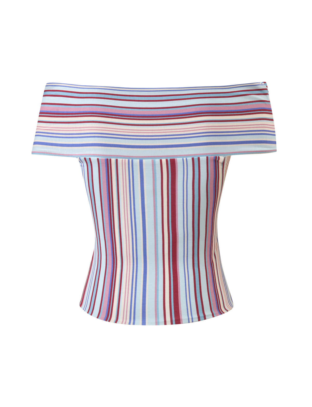 The HAZE TWIST TOP - VARIEGATED STRIPE by TIGERMIST features a fitted off-the-shoulder silhouette with a twist, wide fold-over neckline, and blue, purple, pink, and red horizontal and vertical stripes on a white base.