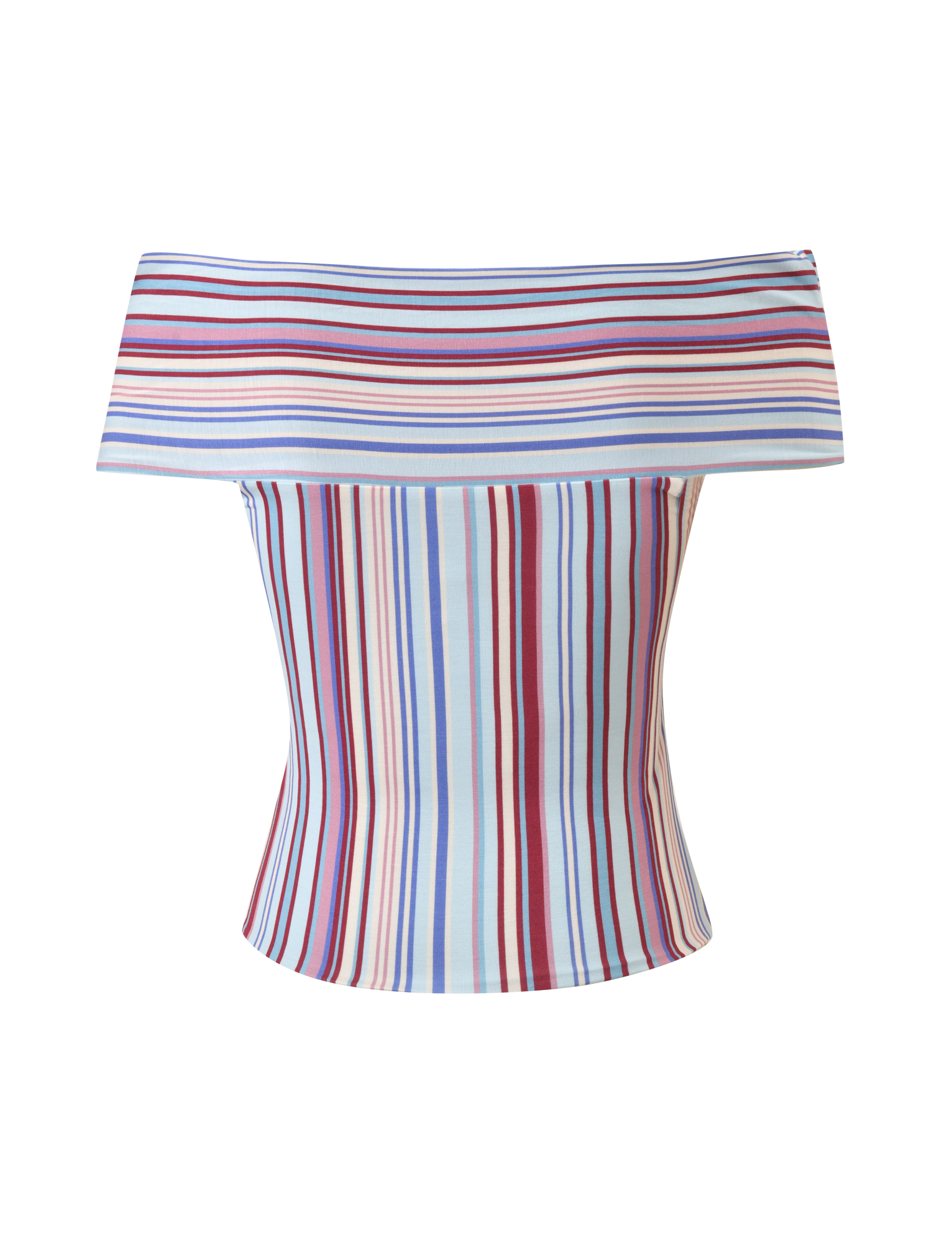 The HAZE TWIST TOP - VARIEGATED STRIPE by TIGERMIST features a fitted off-the-shoulder silhouette with a twist, wide fold-over neckline, and blue, purple, pink, and red horizontal and vertical stripes on a white base.