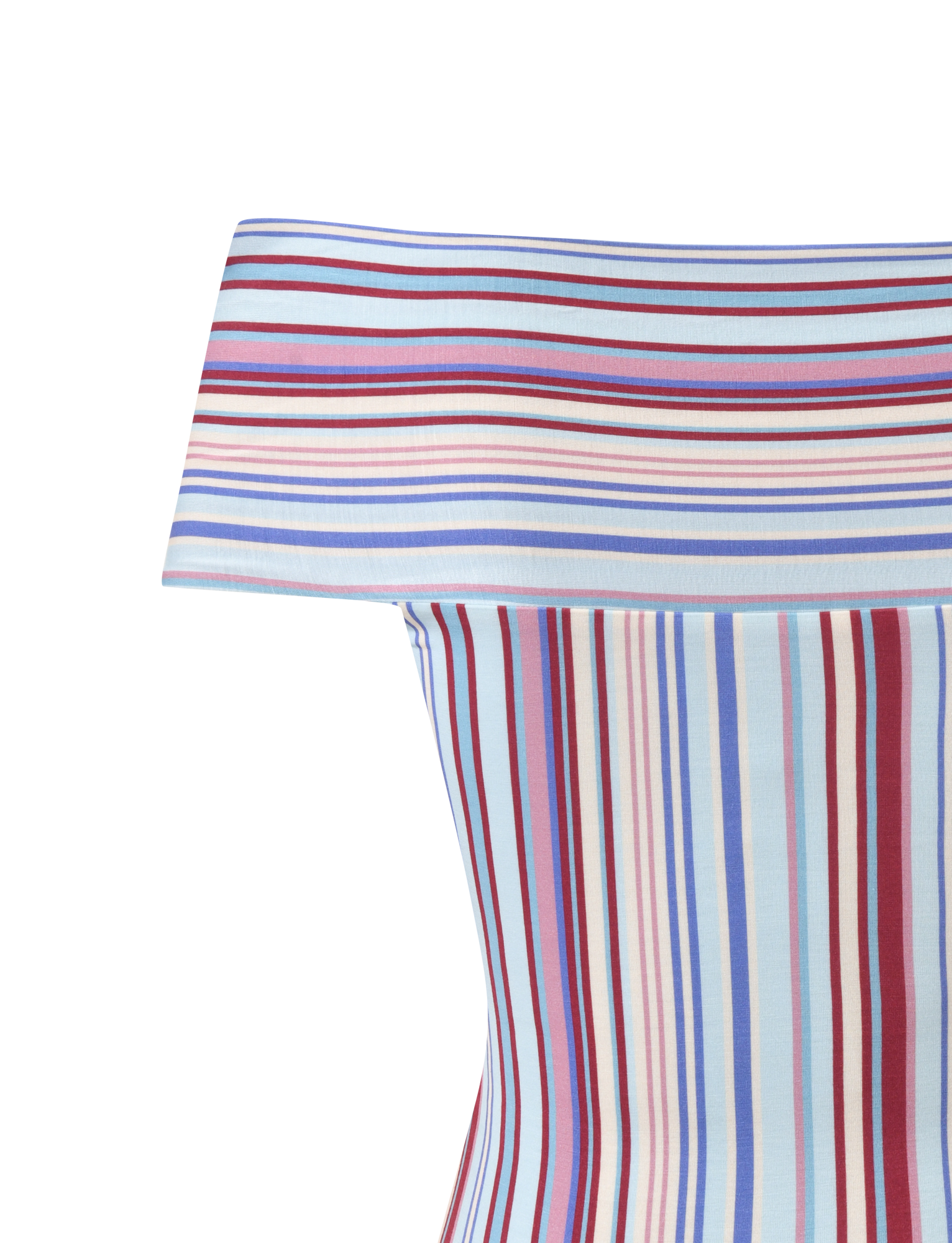 Close-up of the TIGERMIST HAZE TWIST TOP - VARIEGATED STRIPE, featuring multicolored blue, red, pink, and white stripes on a light background—ideal for pairing as a matching set.