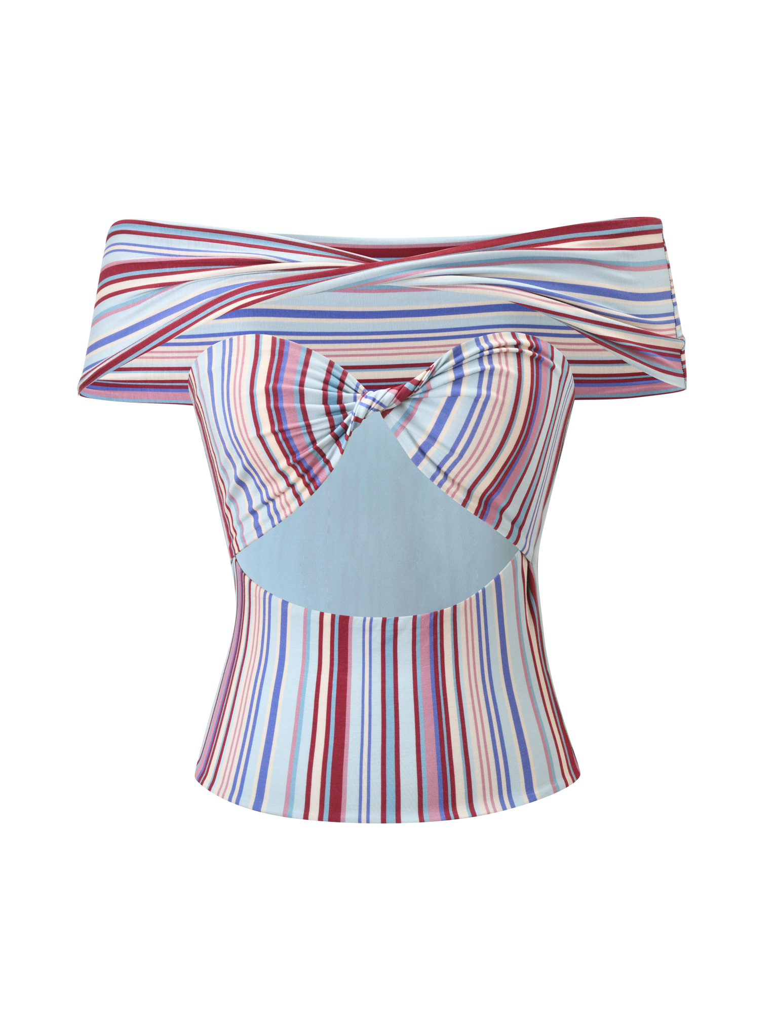 The HAZE TWIST TOP - VARIEGATED STRIPE by TIGERMIST features an off-the-shoulder, fitted silhouette with blue, red, and purple stripes, a twisted front, and a cut-out below the bust—ideal for matching sets.