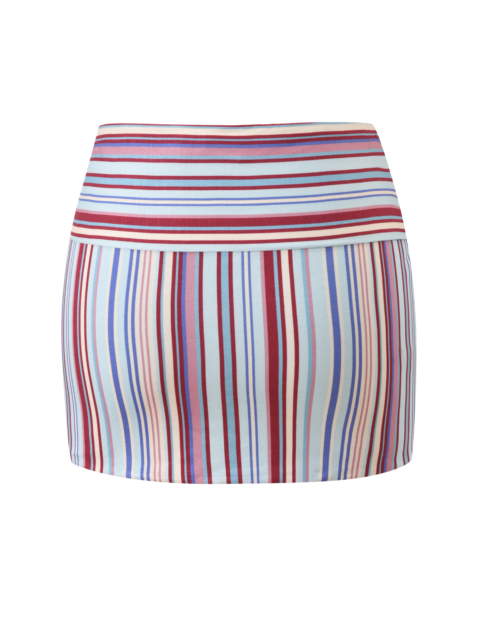 The TIGERMIST HAZE TWIST SKIRT - VARIEGATED STRIPE is a fitted mini skirt featuring red, blue, purple, and beige horizontal and vertical stripes on white, shown against a plain white background.