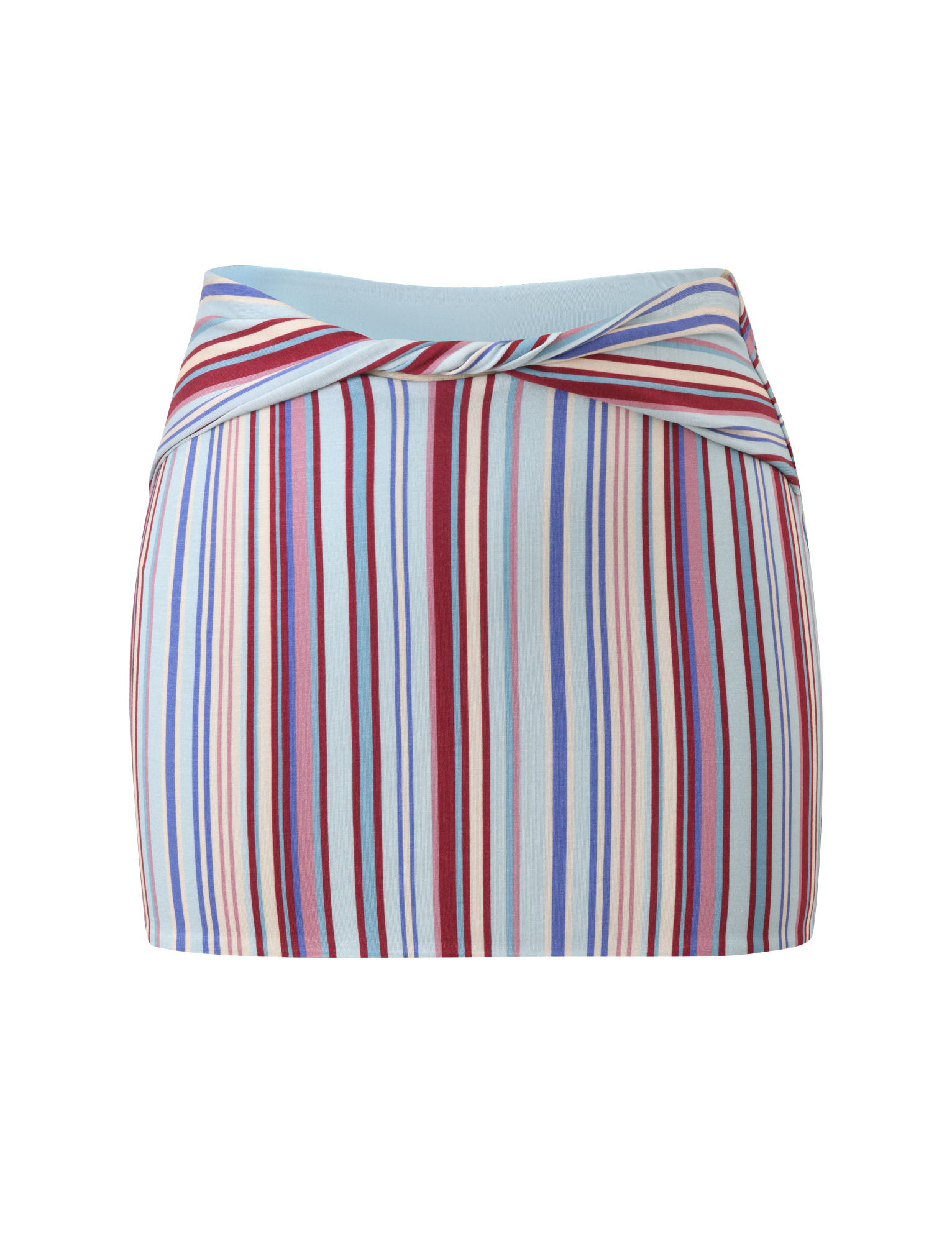 The TIGERMIST HAZE TWIST SKIRT - VARIEGATED STRIPE is a fitted mini skirt with a crossover waistband and vertical stripes in blue, red, white, and beige on light blue—ideal for creating a matching set.