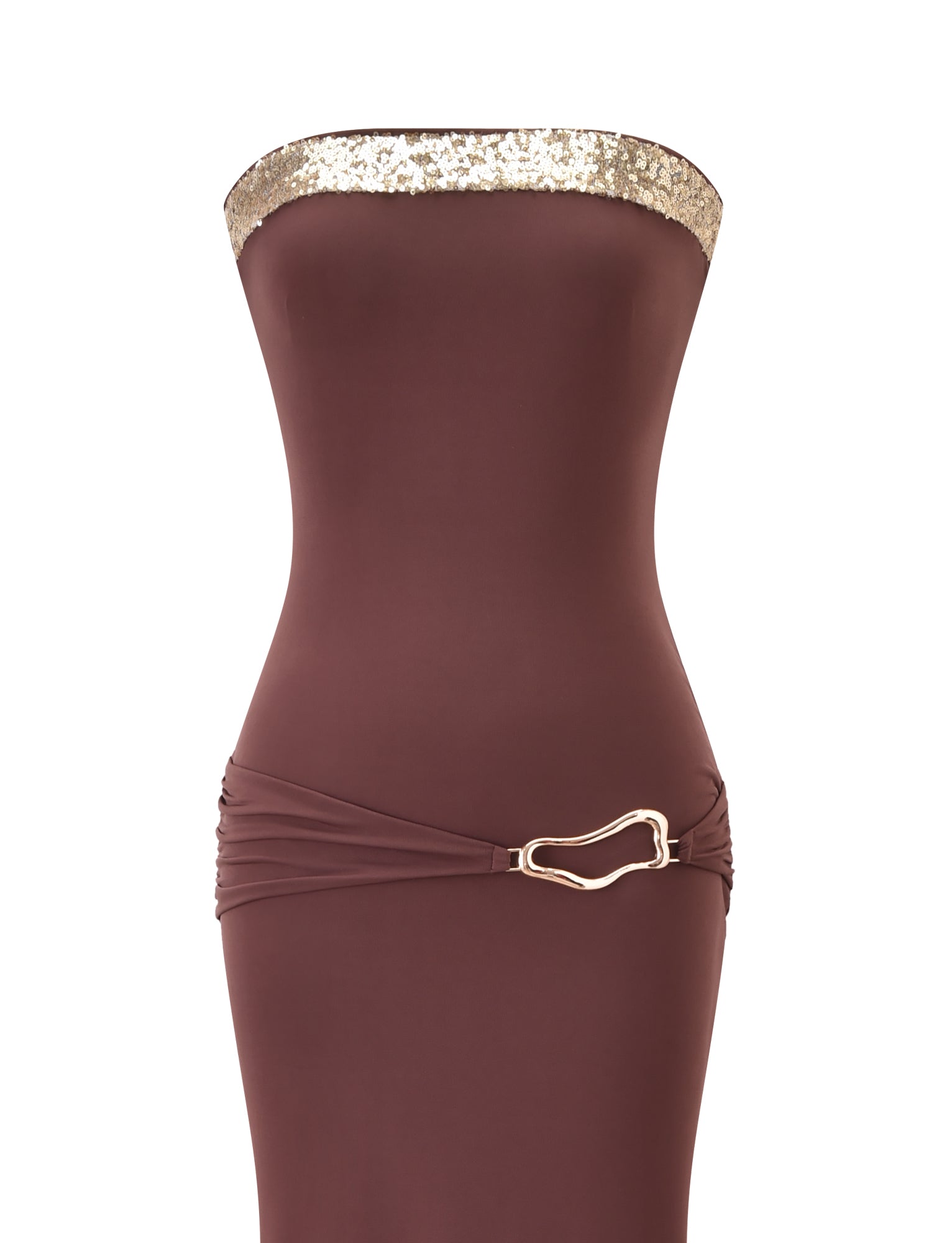 The TIGERMIST EOS SEQUIN TUBE MAXI DRESS in cinnamon chocolate is a strapless, body-hugging column dress with gold sequin trim, a decorative waist buckle, and gathered hip details for a striking silhouette.