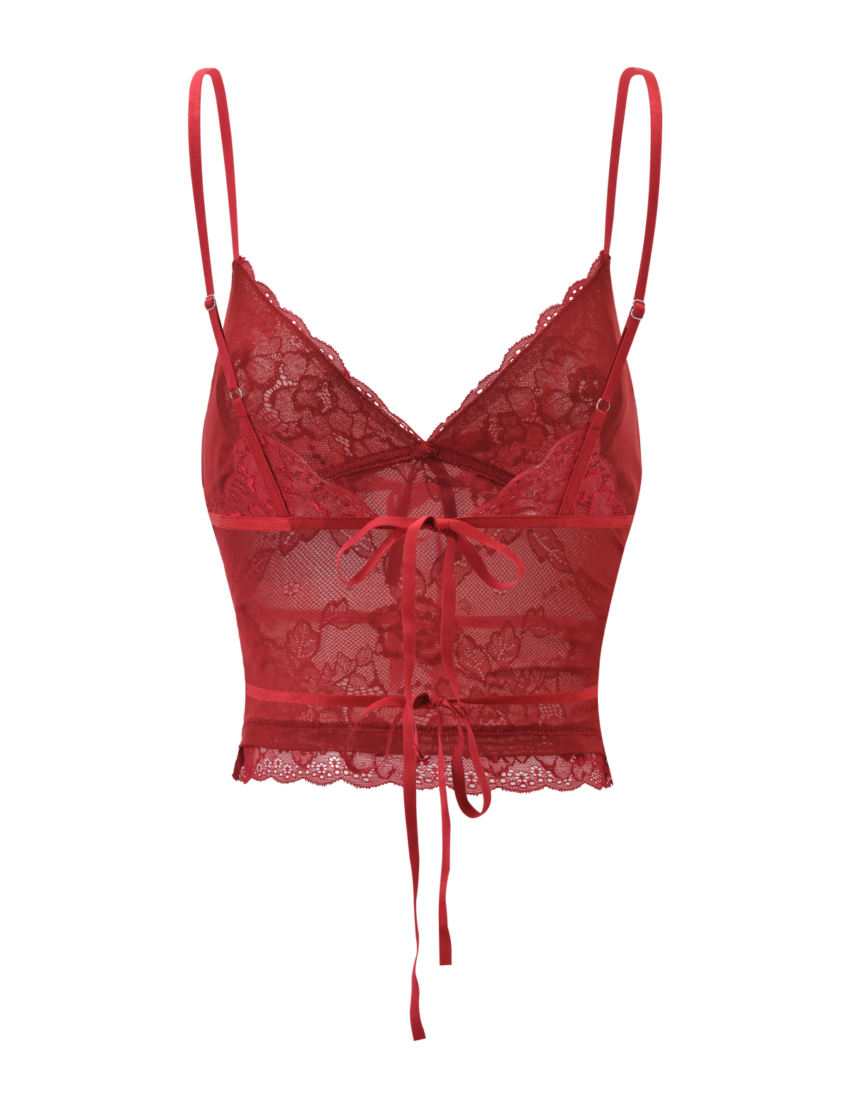 The KIRRA BEADED SEQUIN LACE TOP by TIGERMIST is a red lace bralette with beaded sequins, thin adjustable straps, a deep V neckline, and a decorative satin front bow.