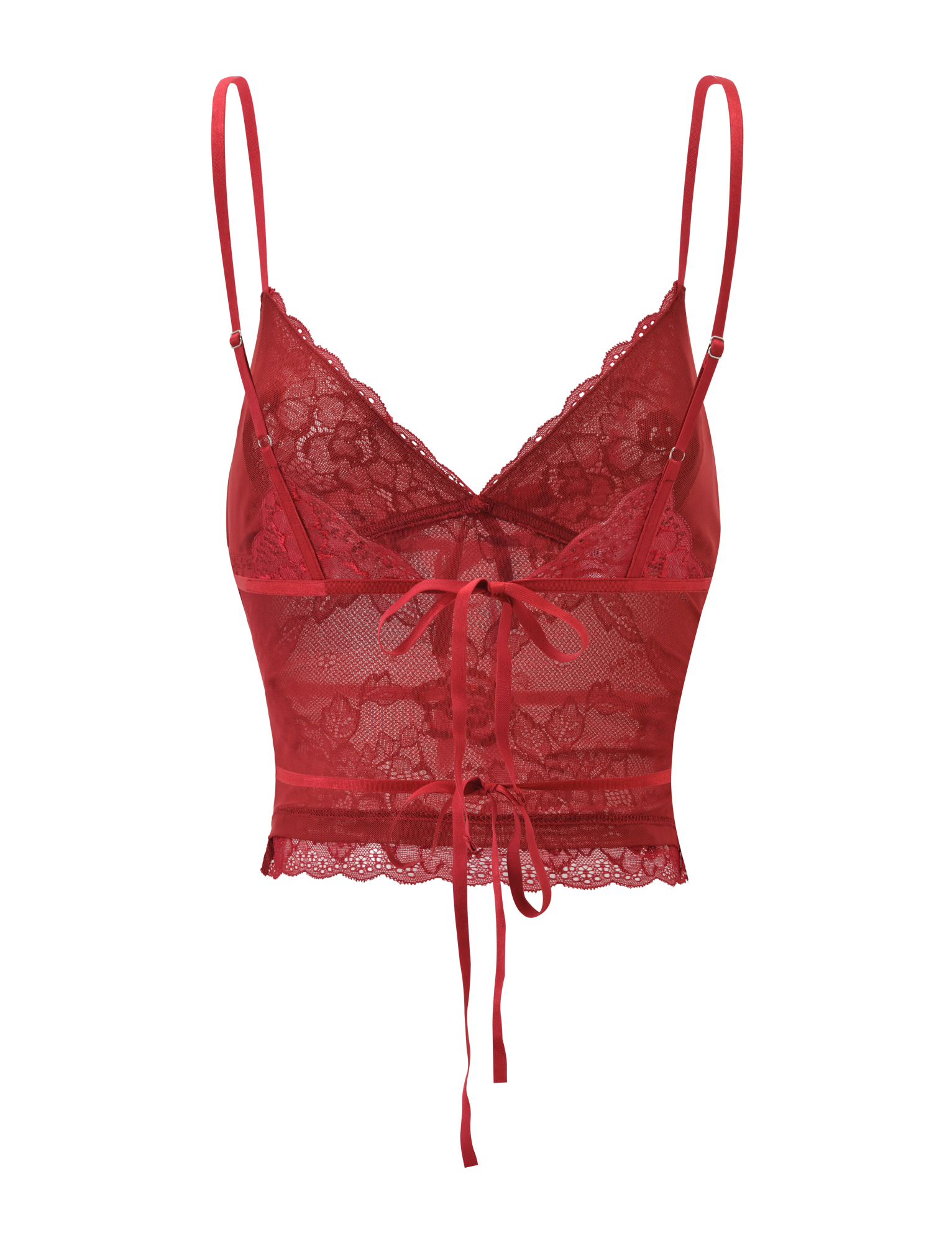 The KIRRA BEADED SEQUIN LACE TOP by TIGERMIST is a red lace bralette with beaded sequins, thin adjustable straps, a deep V neckline, and a decorative satin front bow.