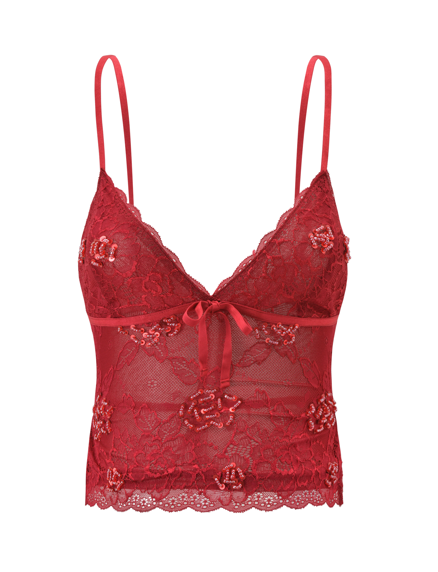 The TIGERMIST KIRRA BEADED SEQUIN LACE TOP - RED features sheer floral lace, thin adjustable straps, a deep V-neckline with a center bow, and intricate beaded sequin detailing for an elegant, delicate look.
