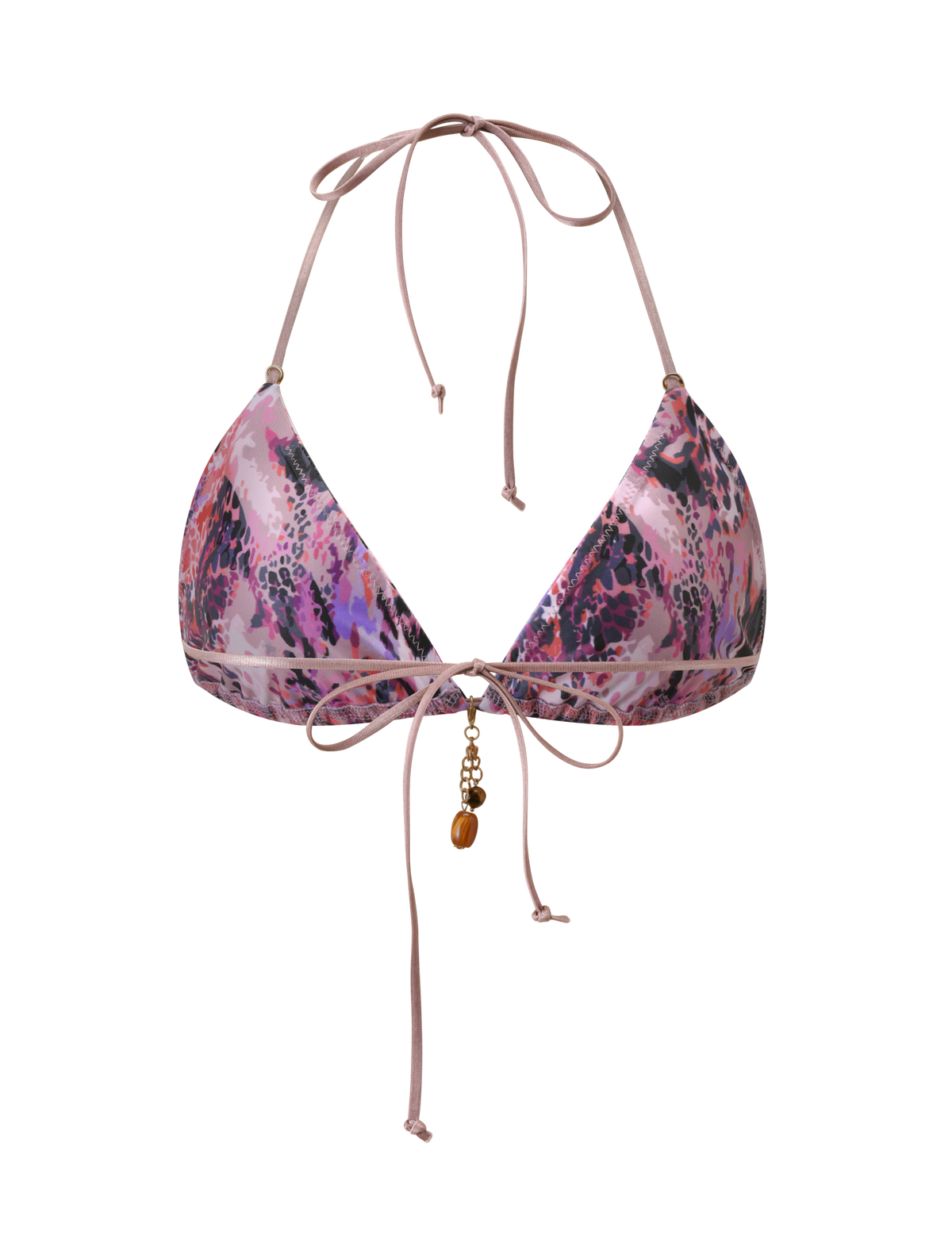 The TIGERMIST FINLEA BIKINI TOP 2.0 - PURPLE ANIMAL SWIRL features pink accents, thin adjustable neck and back ties, plus a gold charm and bead at the front for extra flair.