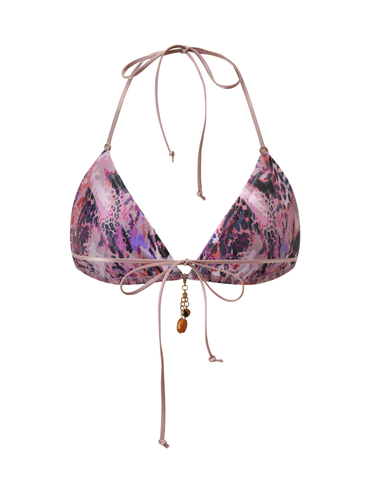 The TIGERMIST FINLEA BIKINI TOP 2.0 - PURPLE ANIMAL SWIRL features pink accents, thin adjustable neck and back ties, plus a gold charm and bead at the front for extra flair.