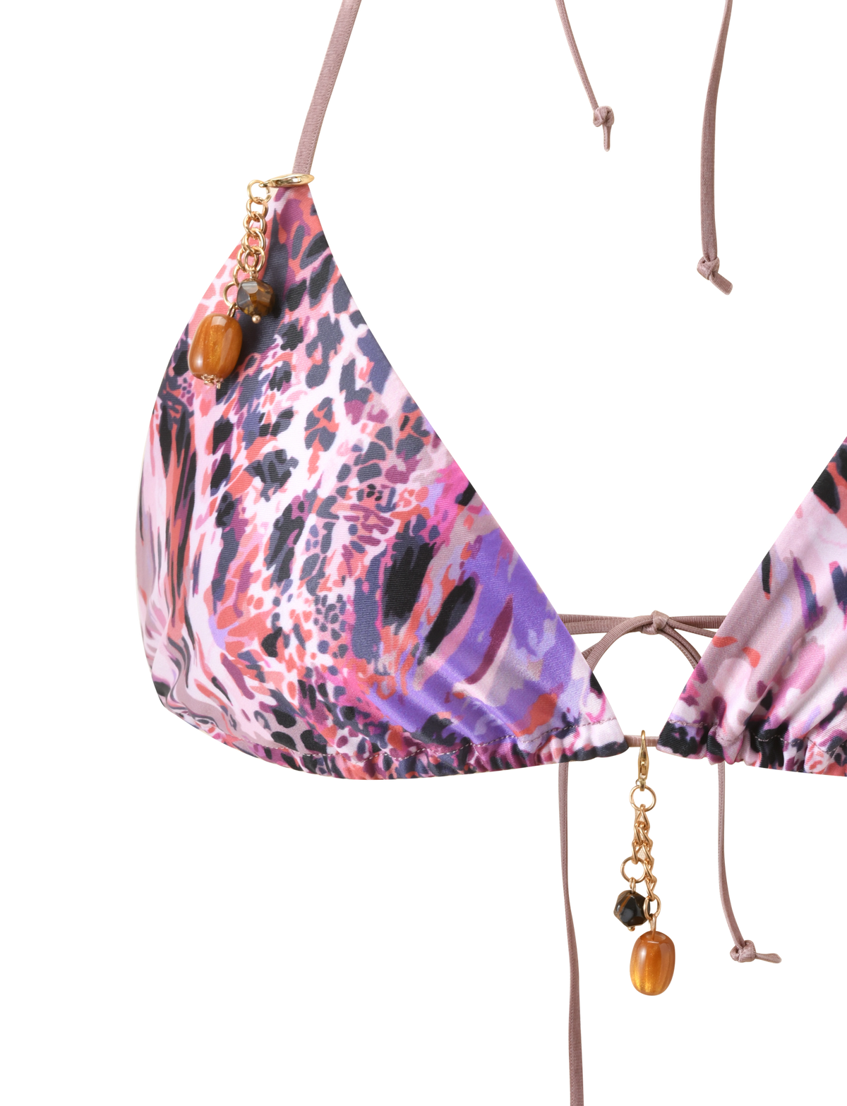The TIGERMIST FINLEA BIKINI TOP 2.0 in Purple Animal Swirl features pink and black animal print, gold and brown beaded charms, and an adjustable design for the perfect fit.