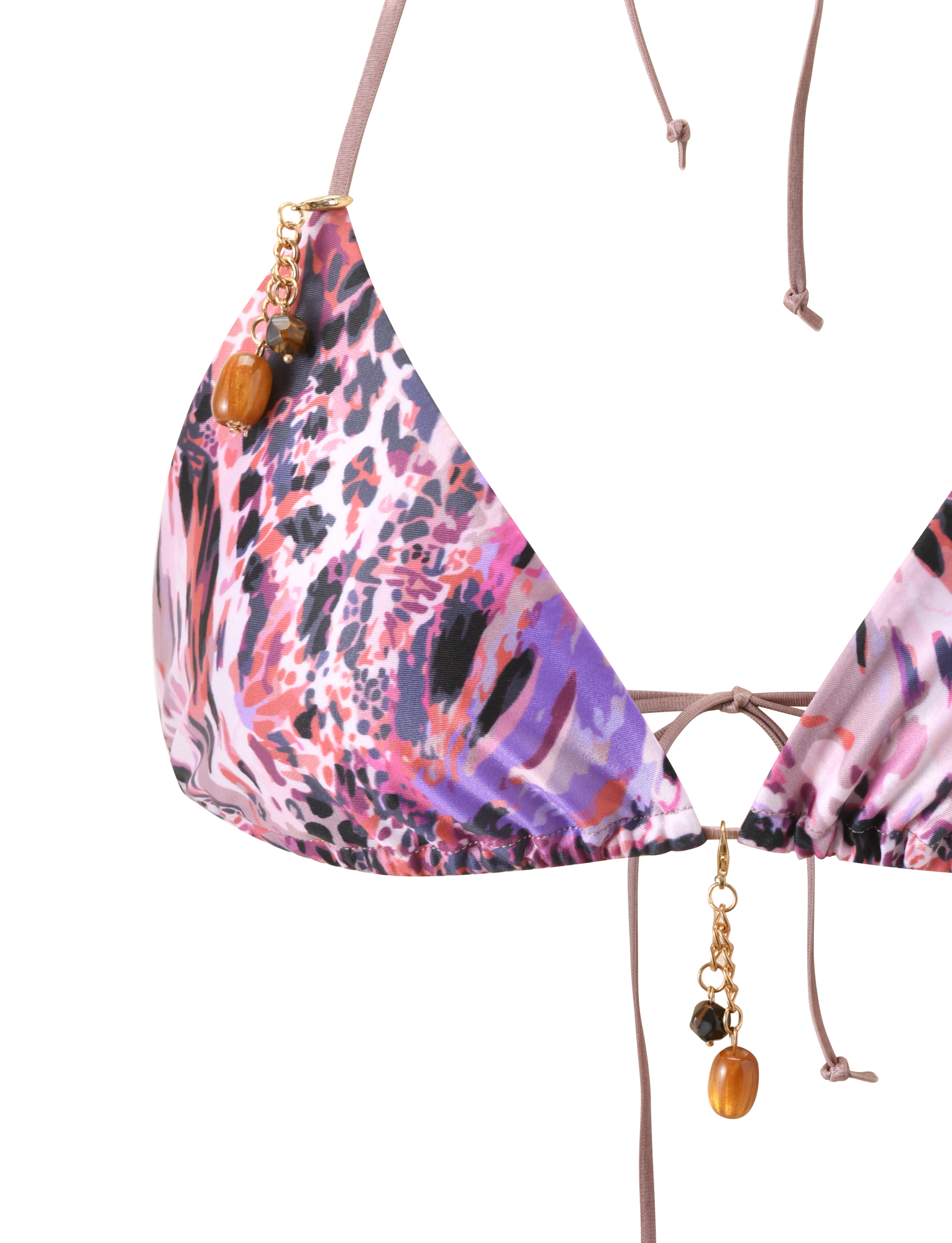 The TIGERMIST FINLEA BIKINI TOP 2.0 in Purple Animal Swirl features pink and black animal print, gold and brown beaded charms, and an adjustable design for the perfect fit.