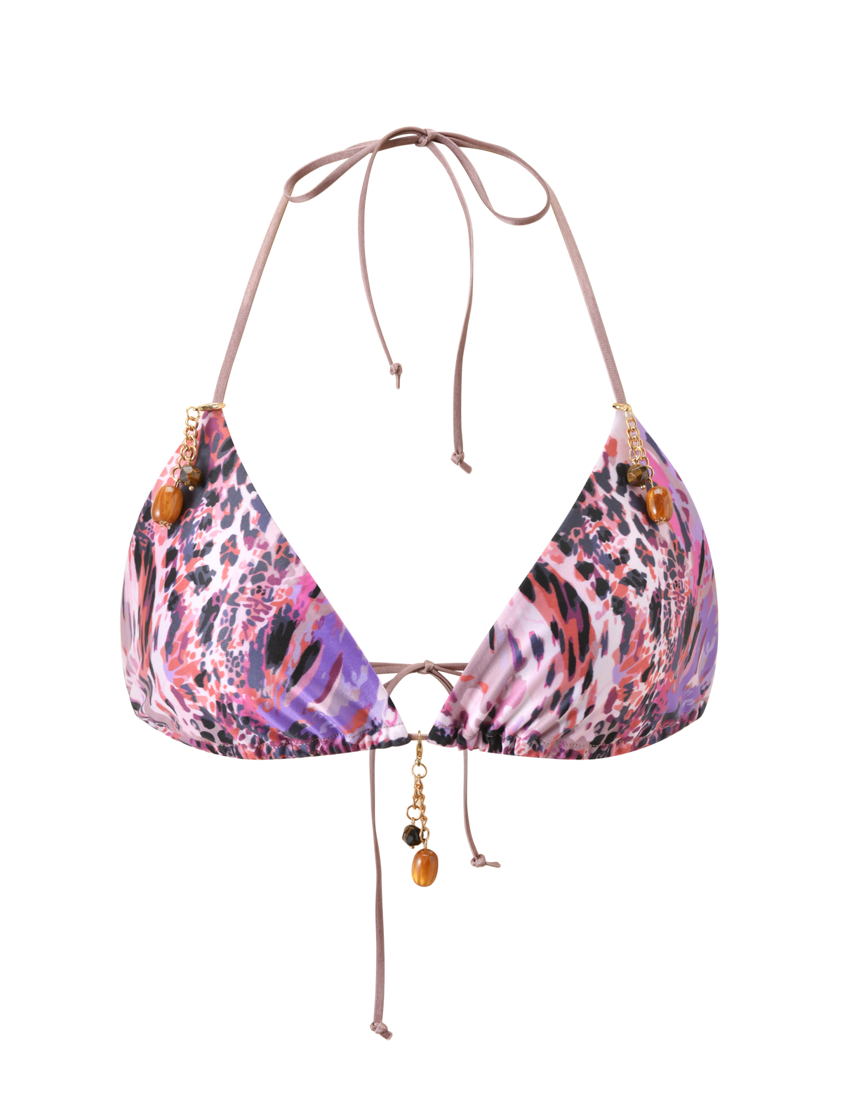 The FINLEA BIKINI TOP 2.0 - PURPLE ANIMAL SWIRL by TIGERMIST features a vibrant purple animal print with pink and black patterns, adjustable halter neck, front tie straps, and amber bead accents.