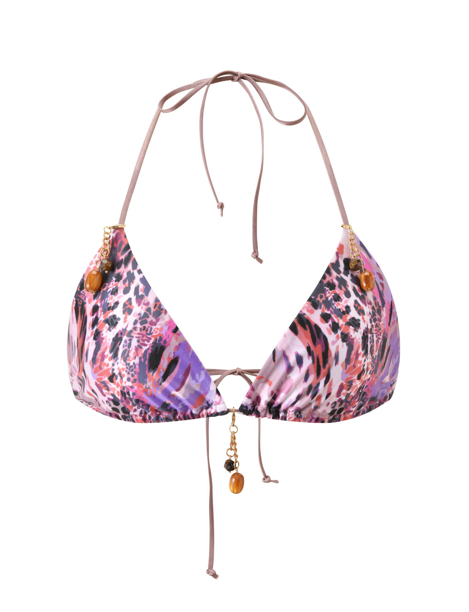 The FINLEA BIKINI TOP 2.0 - PURPLE ANIMAL SWIRL by TIGERMIST features a vibrant purple animal print with pink and black patterns, adjustable halter neck, front tie straps, and amber bead accents.