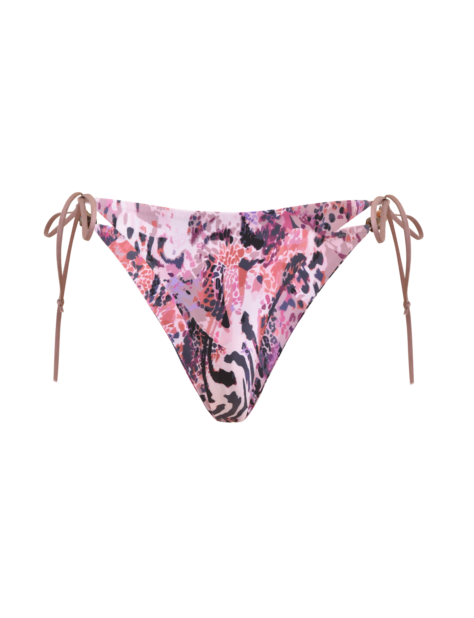 The FINLEA BIKINI BOTTOM 2.0 - PURPLE ANIMAL SWIRL by TIGERMIST is a pink and purple animal print bikini bottom with a cheeky fit and adjustable brown side ties, shown against a white background.