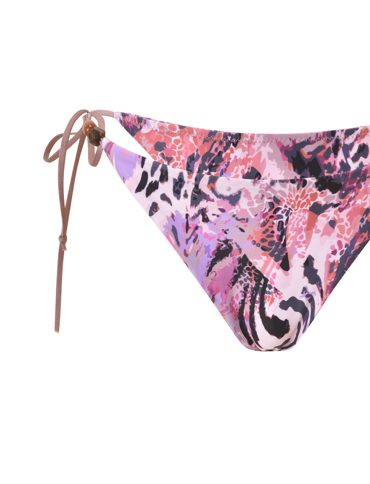 Close-up of the TIGERMIST FINLEA BIKINI BOTTOM 2.0 in Purple Animal Swirl, showcasing its cheeky fit, adjustable tie waist with brown bead detail, set against a plain white background.