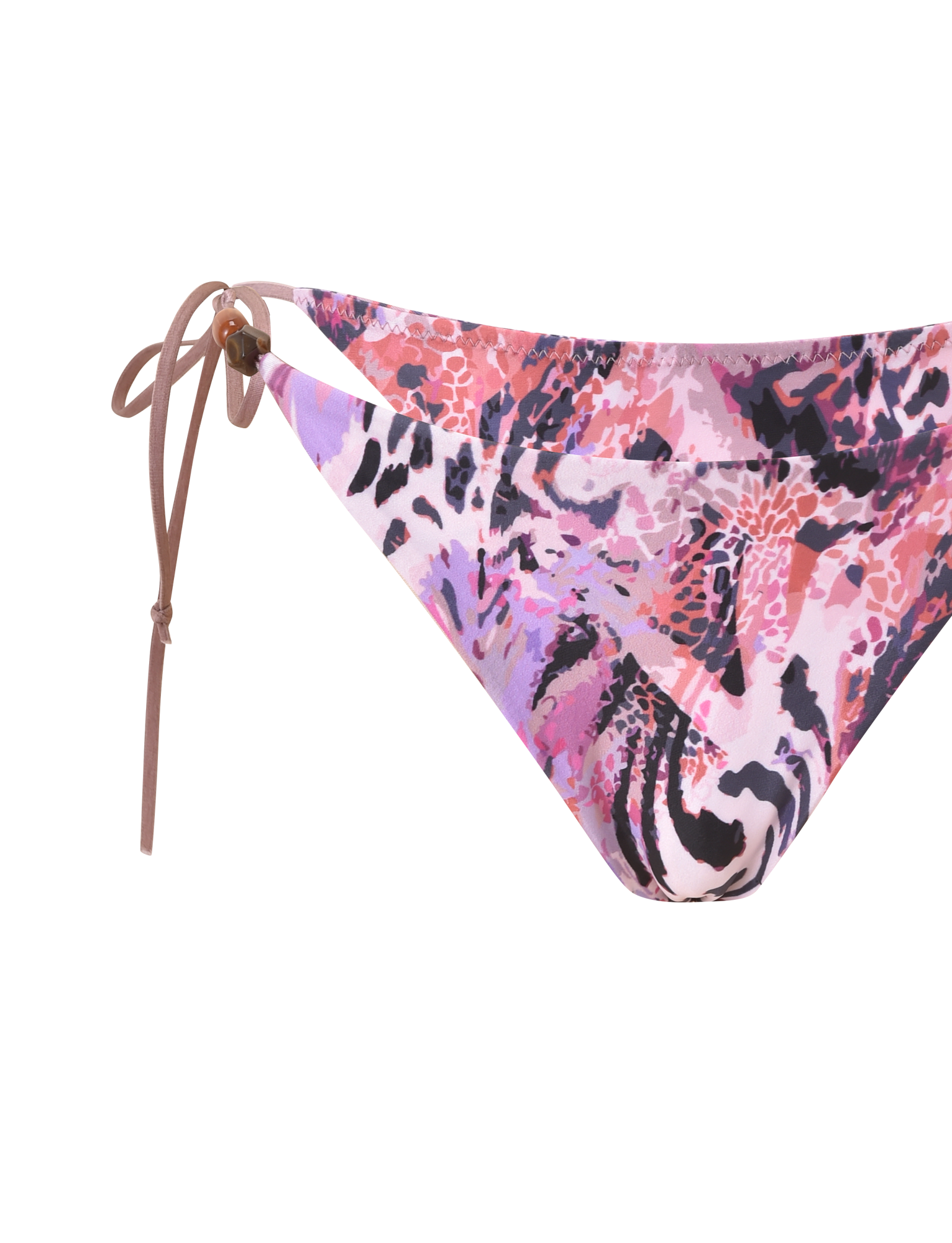 Close-up of the TIGERMIST FINLEA BIKINI BOTTOM 2.0 in Purple Animal Swirl, showcasing its cheeky fit, adjustable tie waist with brown bead detail, set against a plain white background.