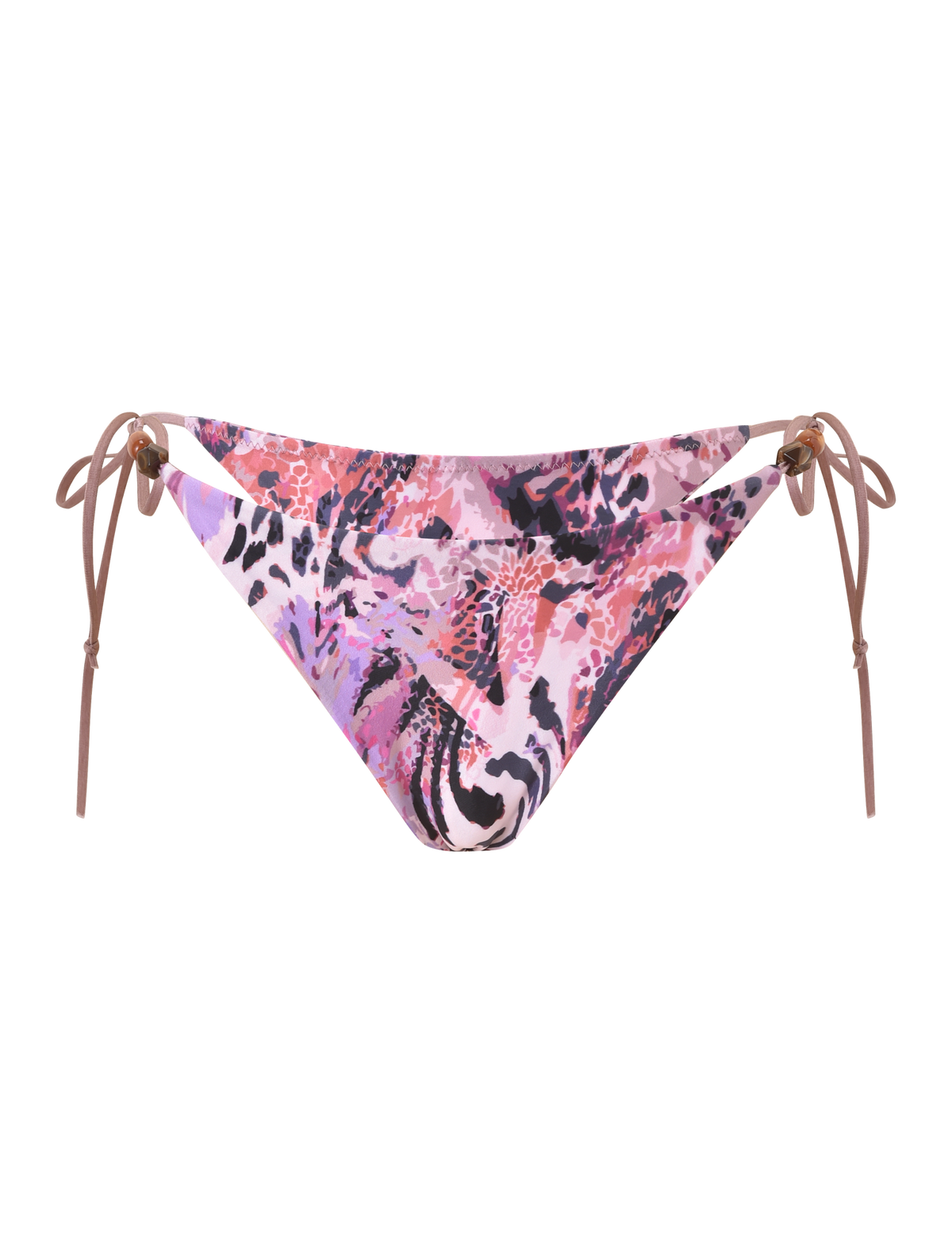 The FINLEA BIKINI BOTTOM 2.0 - PURPLE ANIMAL SWIRL by TIGERMIST features a cheeky fit, adjustable brown side ties, and gold ring accents, shown against a white background.