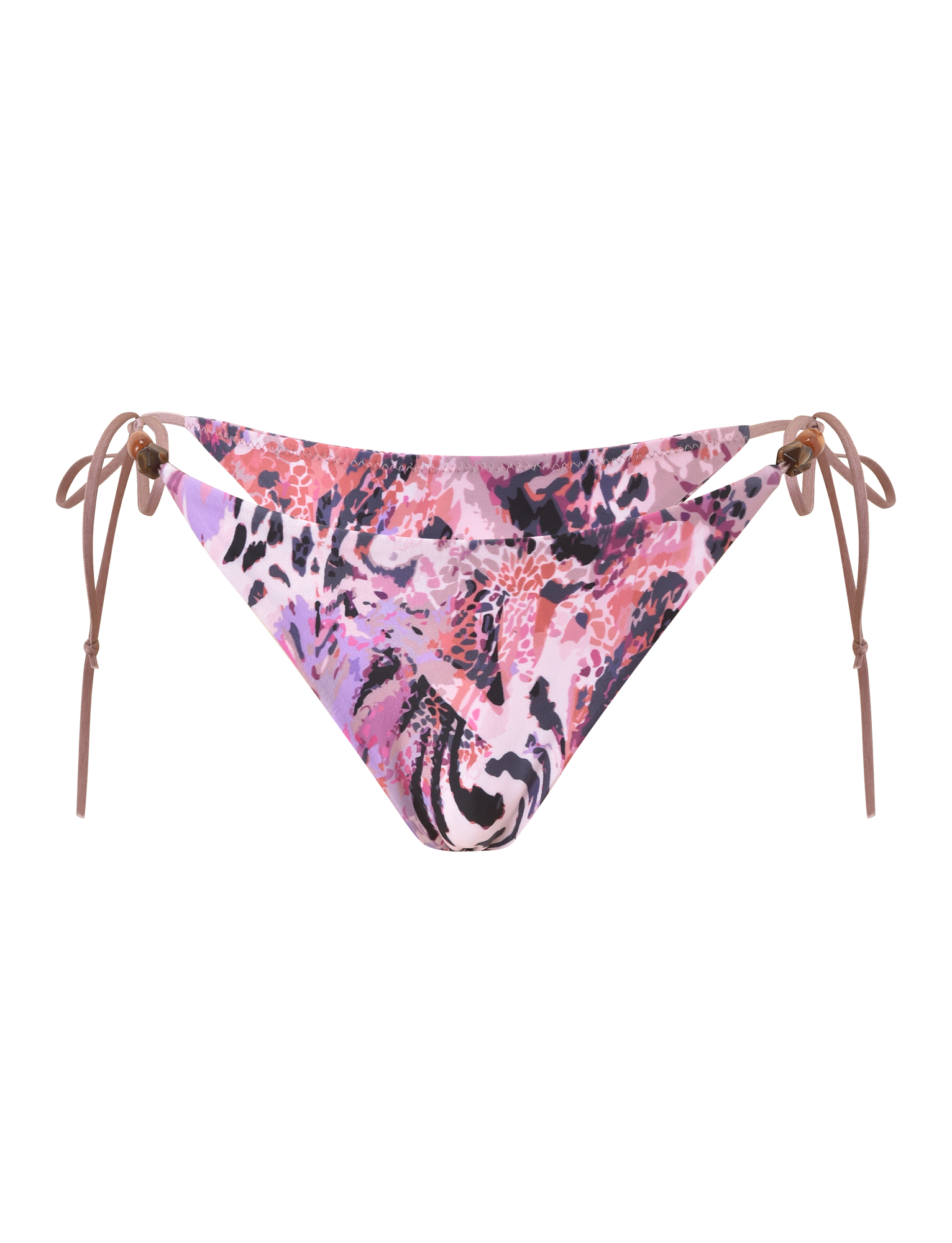 The FINLEA BIKINI BOTTOM 2.0 - PURPLE ANIMAL SWIRL by TIGERMIST features a cheeky fit, adjustable brown side ties, and gold ring accents, shown against a white background.