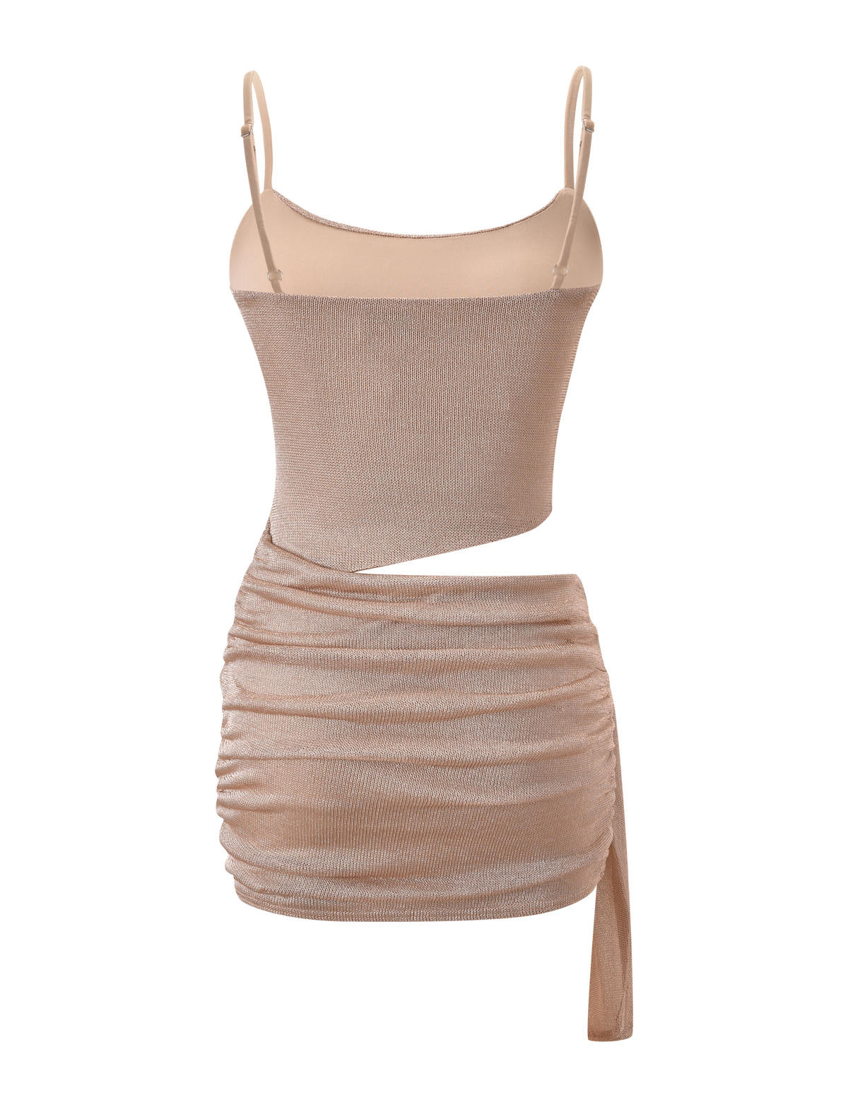 The AZELMA DRESS 2.0 by TIGERMIST is a gold, sleeveless, one-shoulder mini dress with adjustable spaghetti straps, an asymmetric waist cutout, ruched skirt detailing, and a draped side sash.