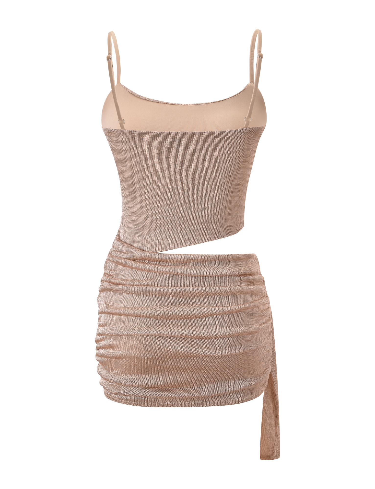 The AZELMA DRESS 2.0 by TIGERMIST is a gold, sleeveless, one-shoulder mini dress with adjustable spaghetti straps, an asymmetric waist cutout, ruched skirt detailing, and a draped side sash.