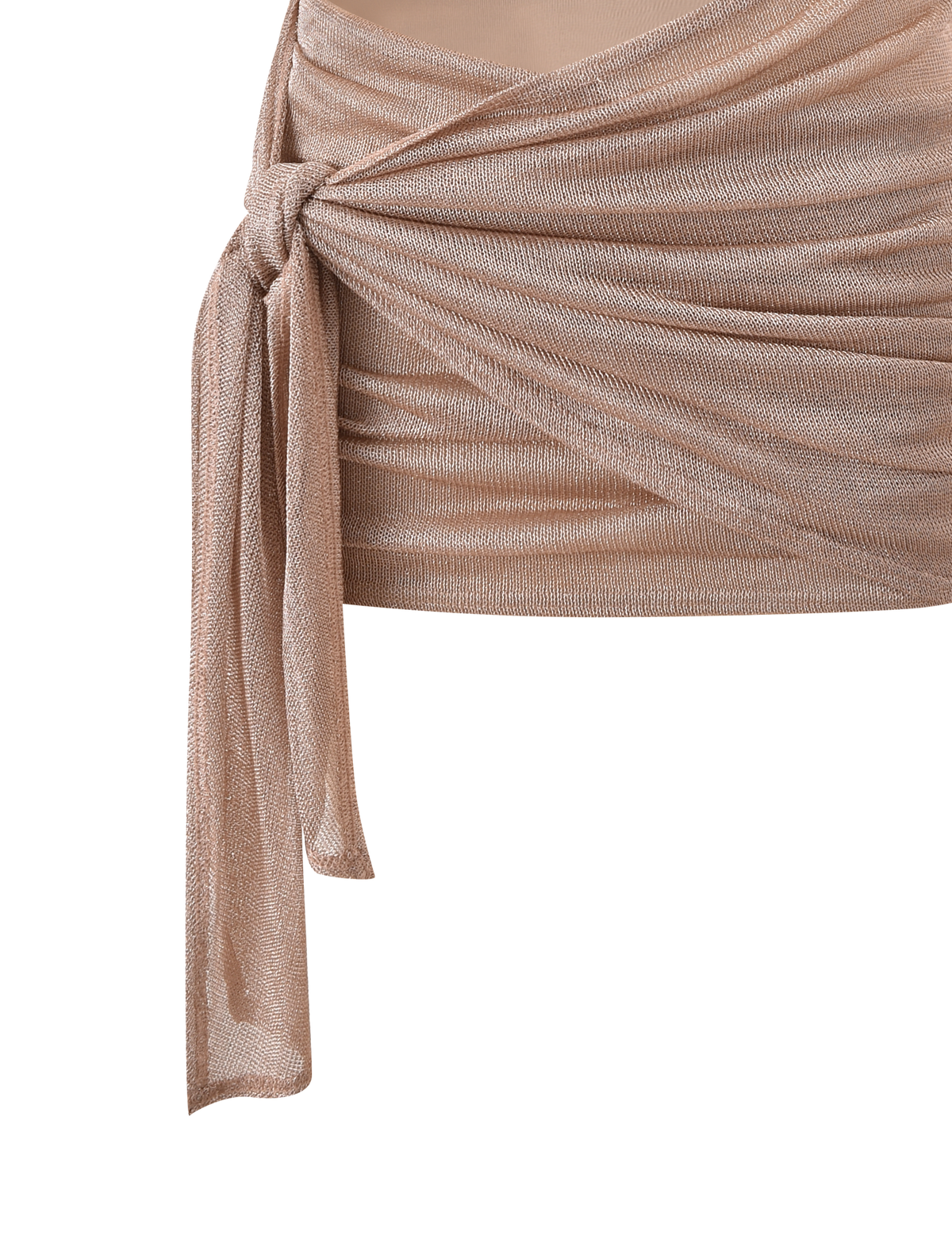 A close-up of the TIGERMIST AZELMA DRESS 2.0 in gold, featuring shimmery light beige fabric, a side tie knot, draped detailing, and soft texture against a plain white background.