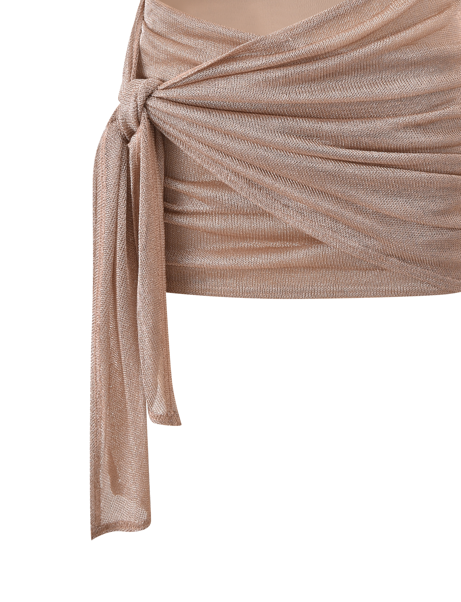 A close-up of the TIGERMIST AZELMA DRESS 2.0 in gold, featuring shimmery light beige fabric, a side tie knot, draped detailing, and soft texture against a plain white background.