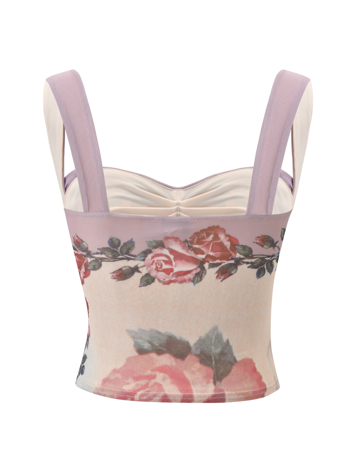 The image shows the back of the TIGERMIST RAFFIE PRINTED CORSET - POSTCARD FLORAL, a cropped, sleeveless corset top with wide lavender straps and a floral print featuring pink and red roses with green leaves on a light background.