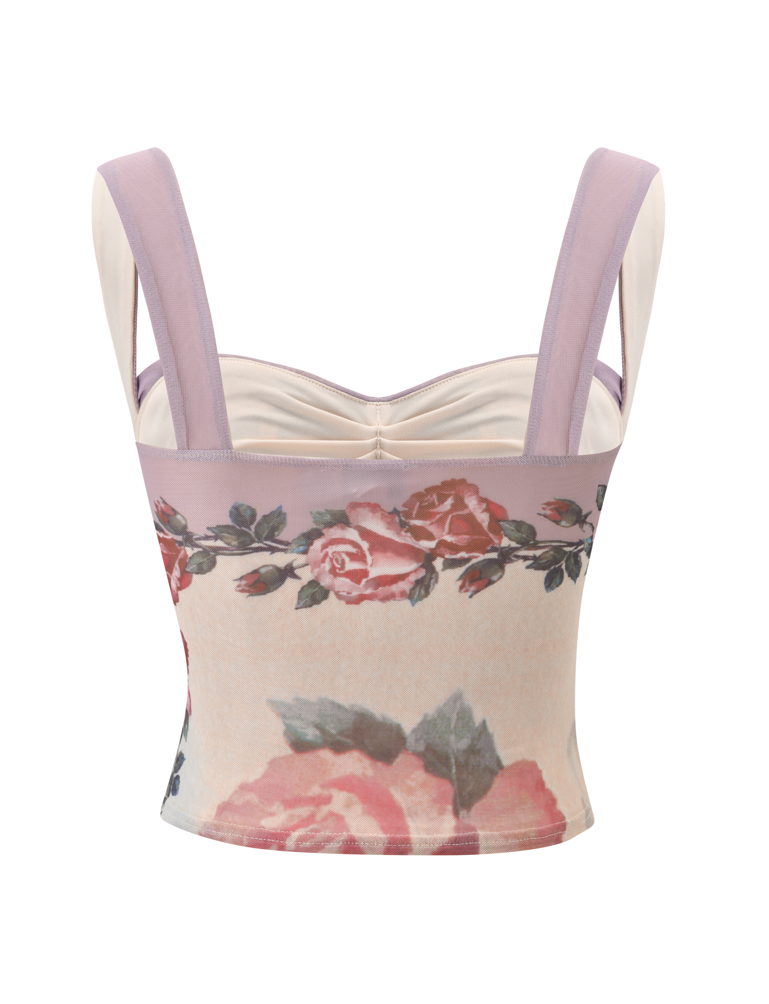 The image shows the back of the TIGERMIST RAFFIE PRINTED CORSET - POSTCARD FLORAL, a cropped, sleeveless corset top with wide lavender straps and a floral print featuring pink and red roses with green leaves on a light background.