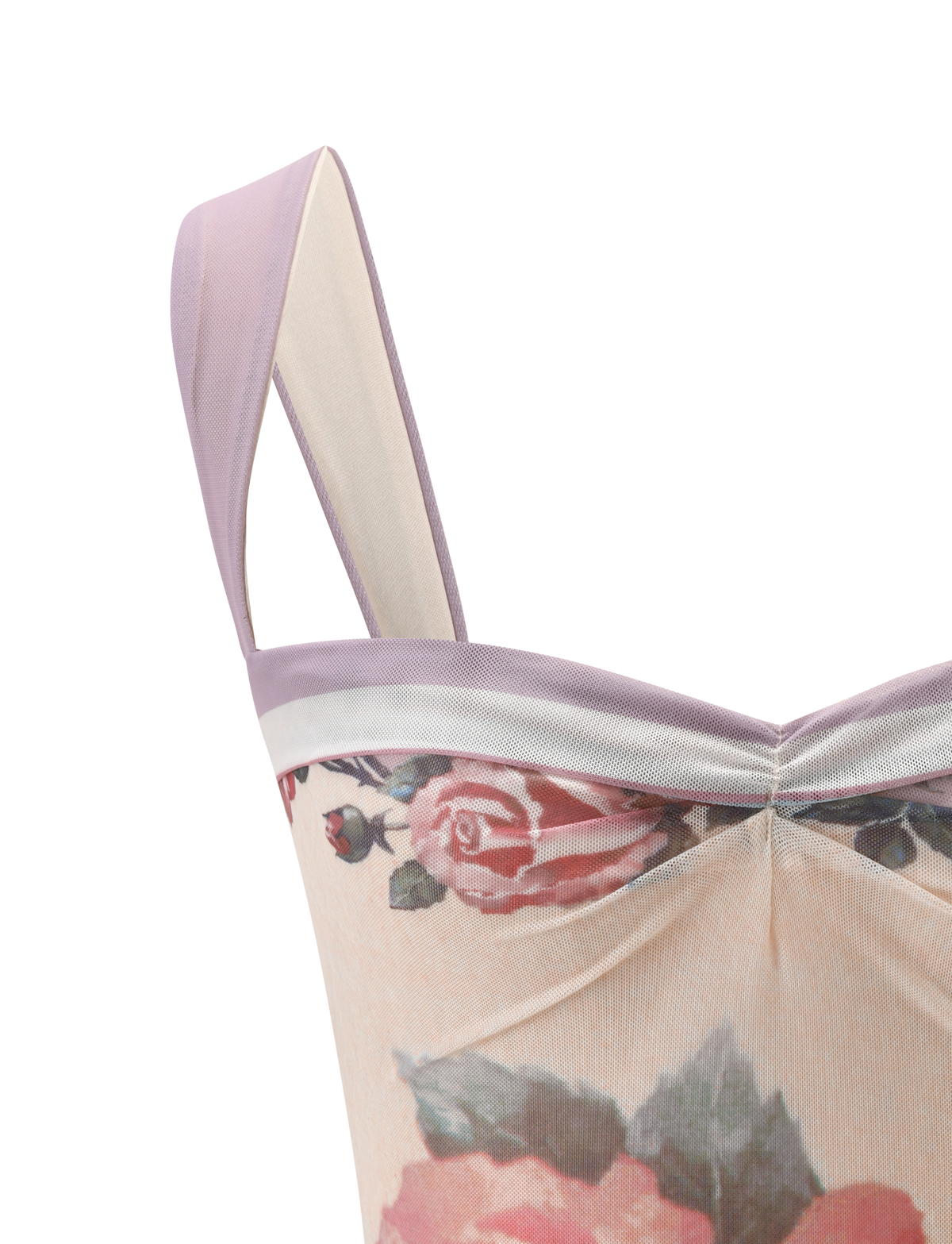 Close-up of the TIGERMIST RAFFIE PRINTED CORSET - POSTCARD FLORAL, featuring gathered fabric at the neckline, lavender mesh straps, pink rose print on a light background, and a lavender trim.