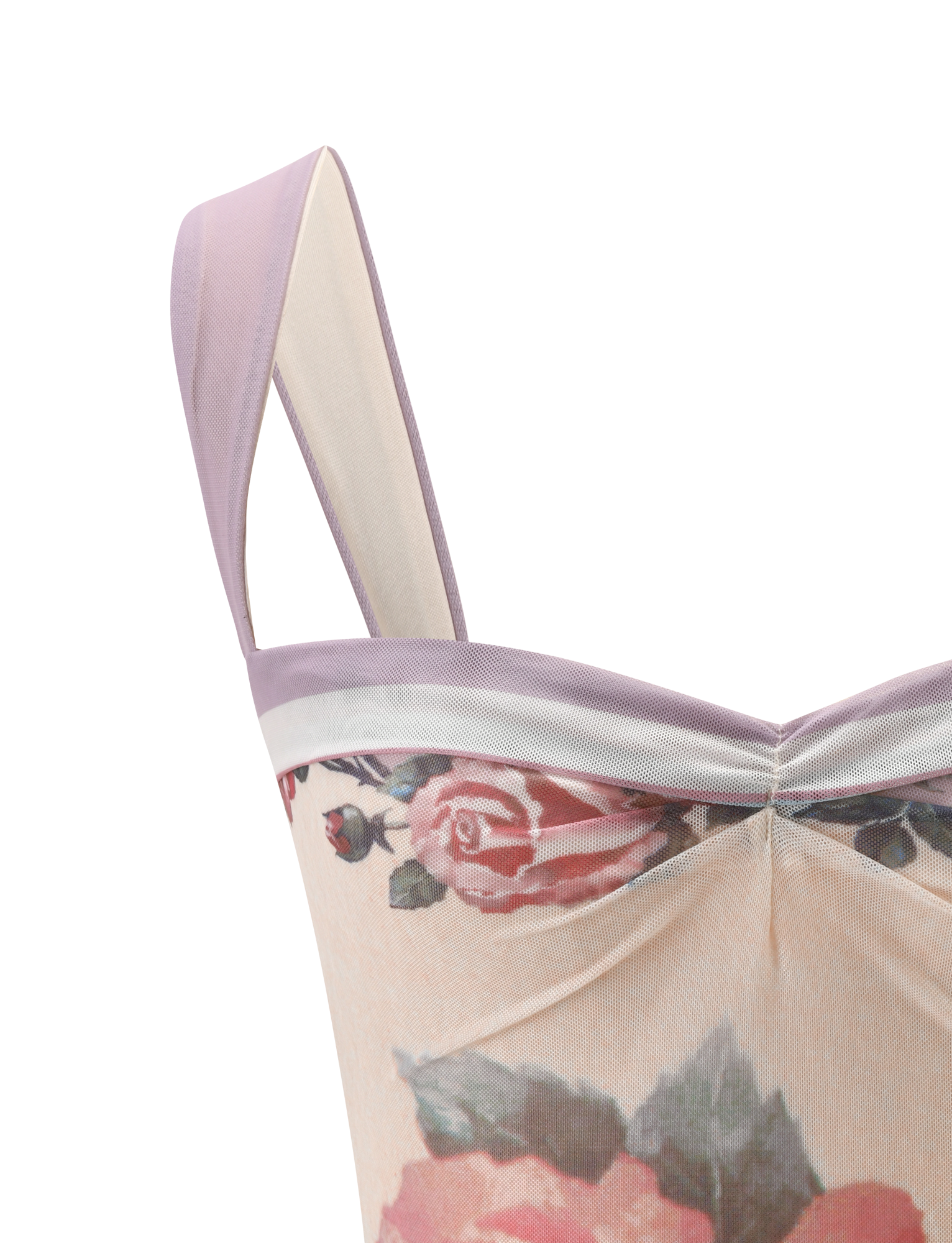 Close-up of the TIGERMIST RAFFIE PRINTED CORSET - POSTCARD FLORAL, featuring gathered fabric at the neckline, lavender mesh straps, pink rose print on a light background, and a lavender trim.