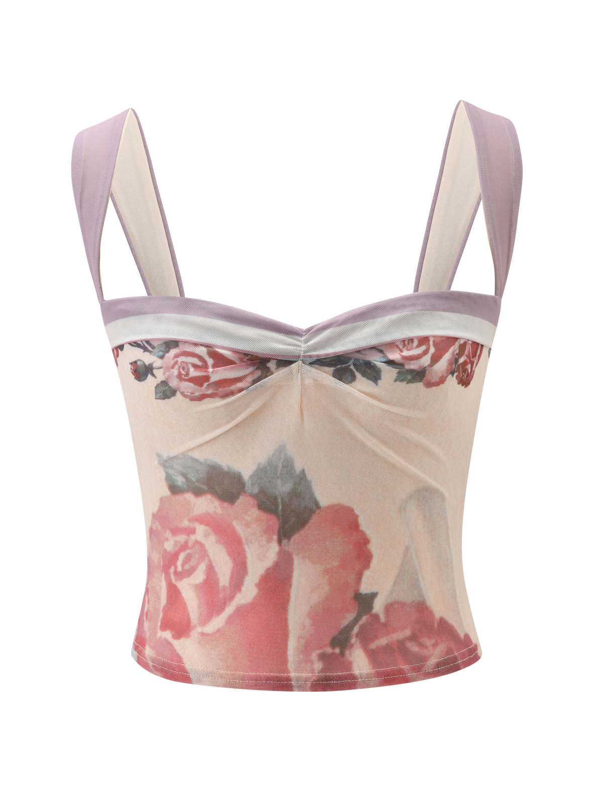 The TIGERMIST RAFFIE PRINTED CORSET - POSTCARD FLORAL is a fitted, sleeveless corset top with wide lavender mesh straps and a sweetheart neckline, showcasing a large pink rose on a light beige background.