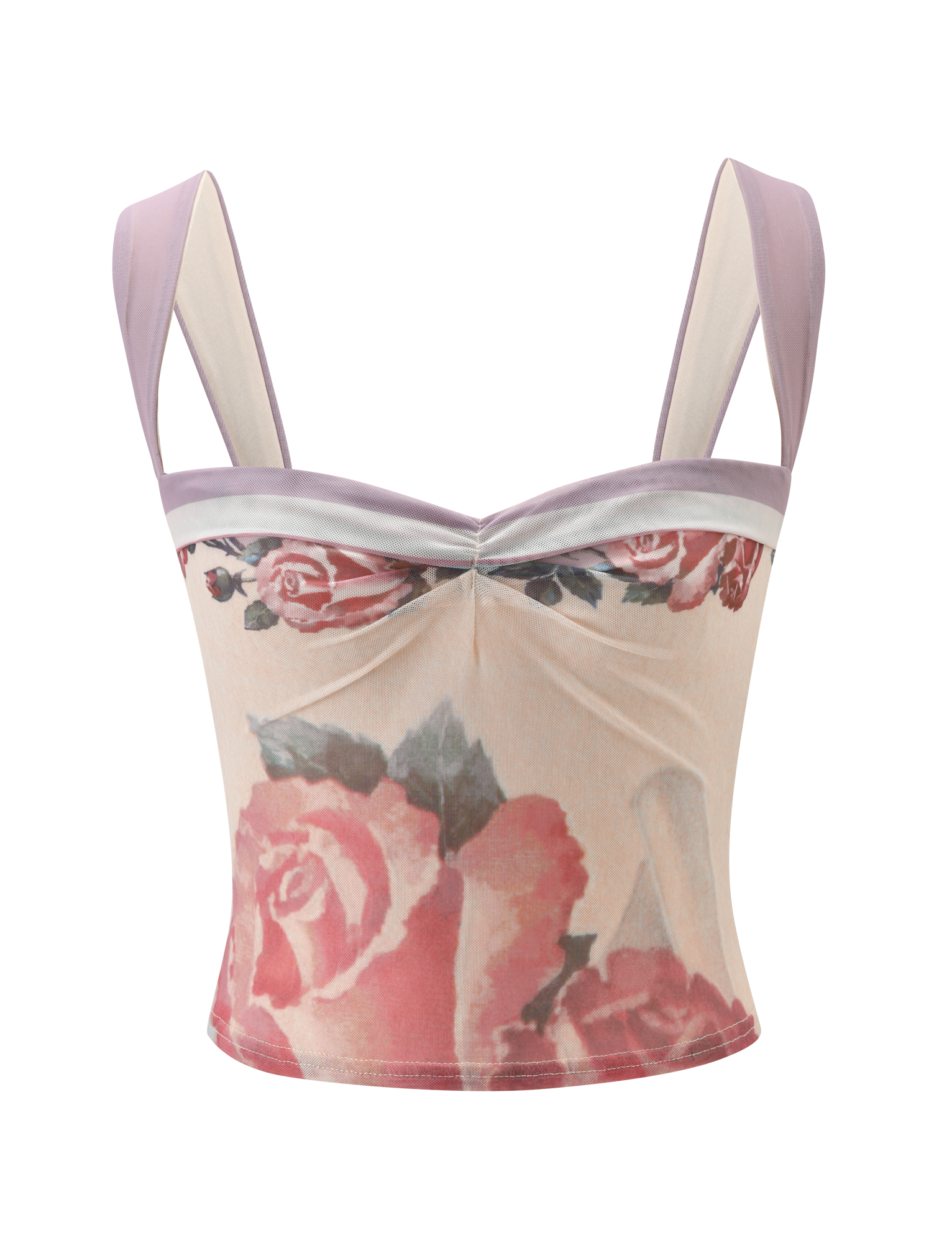 The TIGERMIST RAFFIE PRINTED CORSET - POSTCARD FLORAL is a fitted, sleeveless corset top with wide lavender mesh straps and a sweetheart neckline, showcasing a large pink rose on a light beige background.
