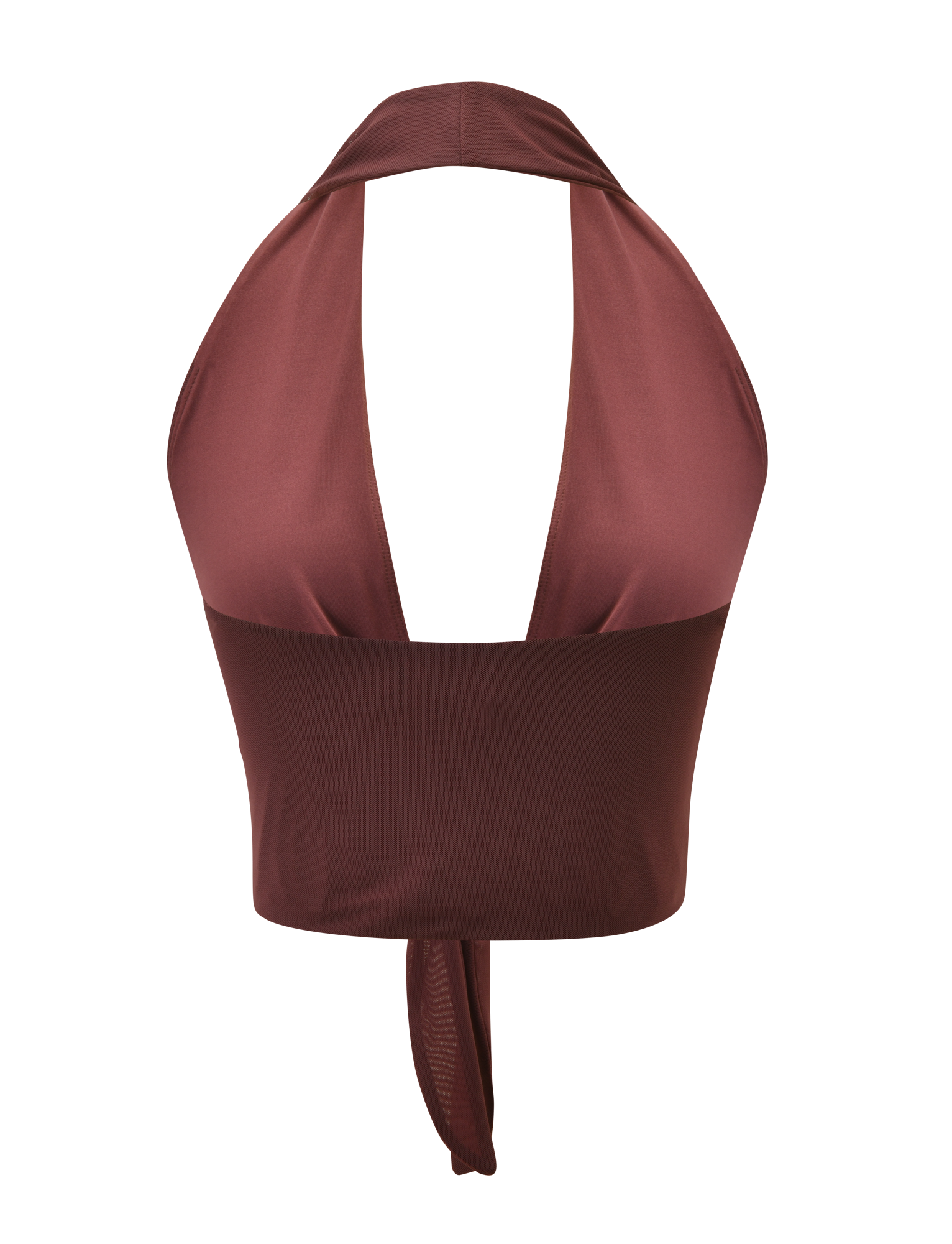 The GEORGIE DIAMANTE TOP by TIGERMIST is a sleeveless, chocolate halter top with wide back-tie straps, a plunging neckline, cropped fit, and diamante detailing for a romantic touch. The fabric features a subtle sheen.