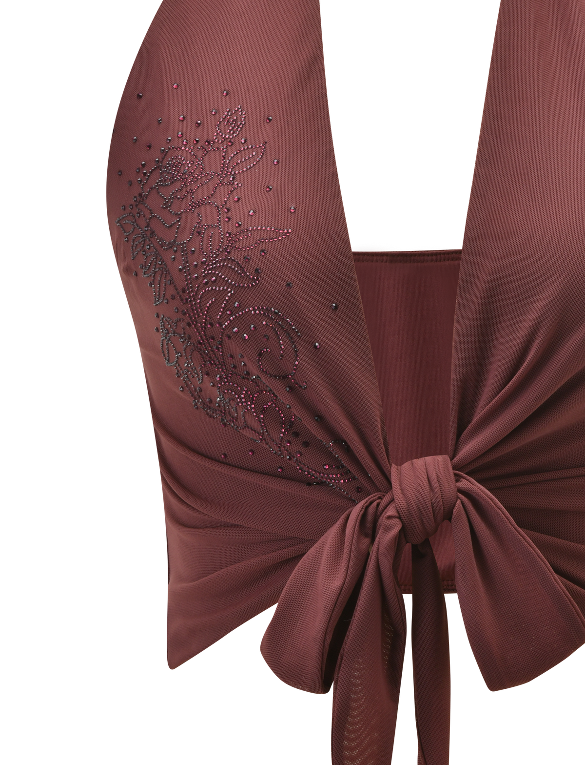 A close-up of the TIGERMIST GEORGIE DIAMANTE TOP in chocolate, a sleeveless, tie-front top featuring a rose floral applique with sparkling rhinestone and diamante embellishment on the left side. The fabric looks smooth and slightly stretchy.