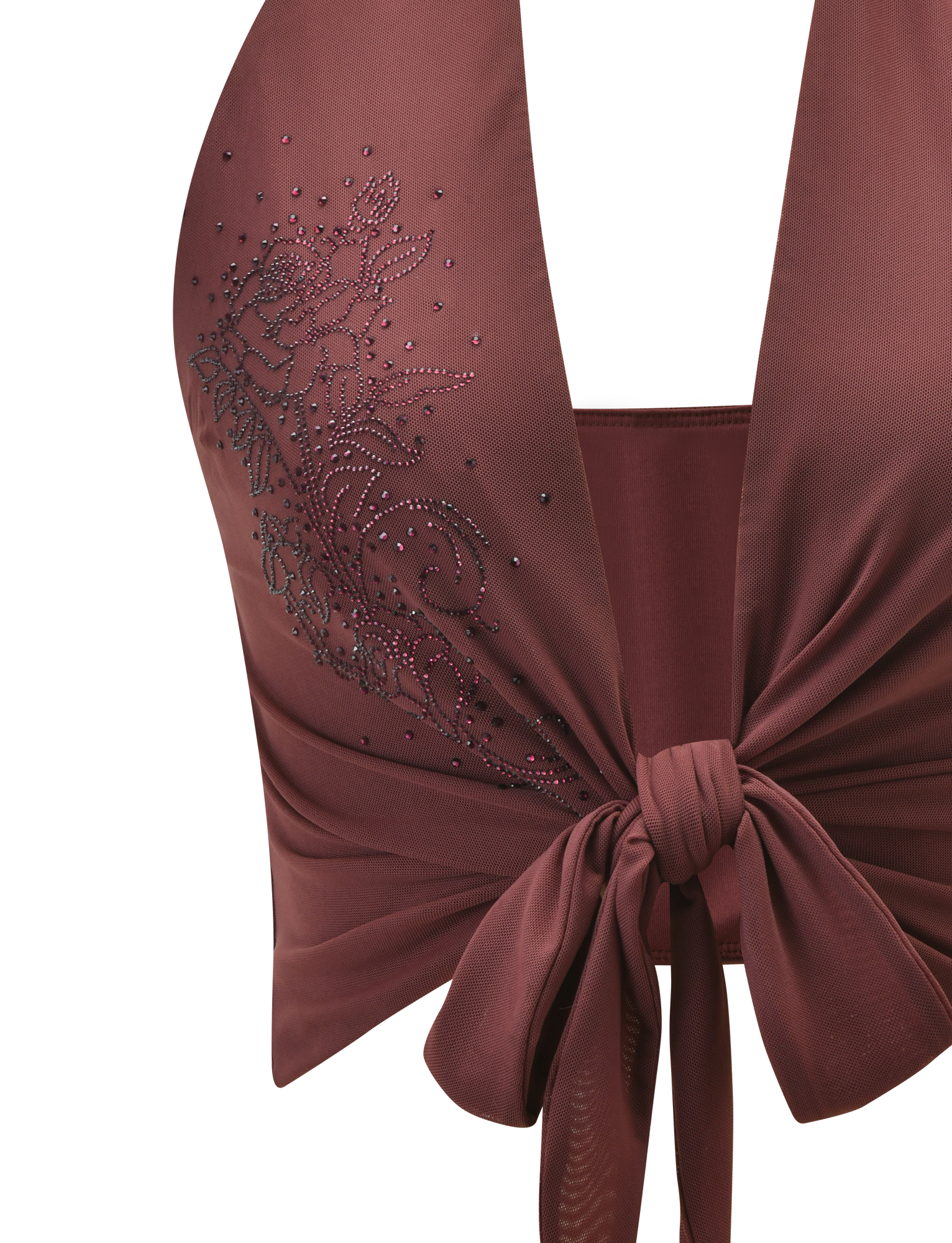A close-up of the TIGERMIST GEORGIE DIAMANTE TOP in chocolate, a sleeveless, tie-front top featuring a rose floral applique with sparkling rhinestone and diamante embellishment on the left side. The fabric looks smooth and slightly stretchy.