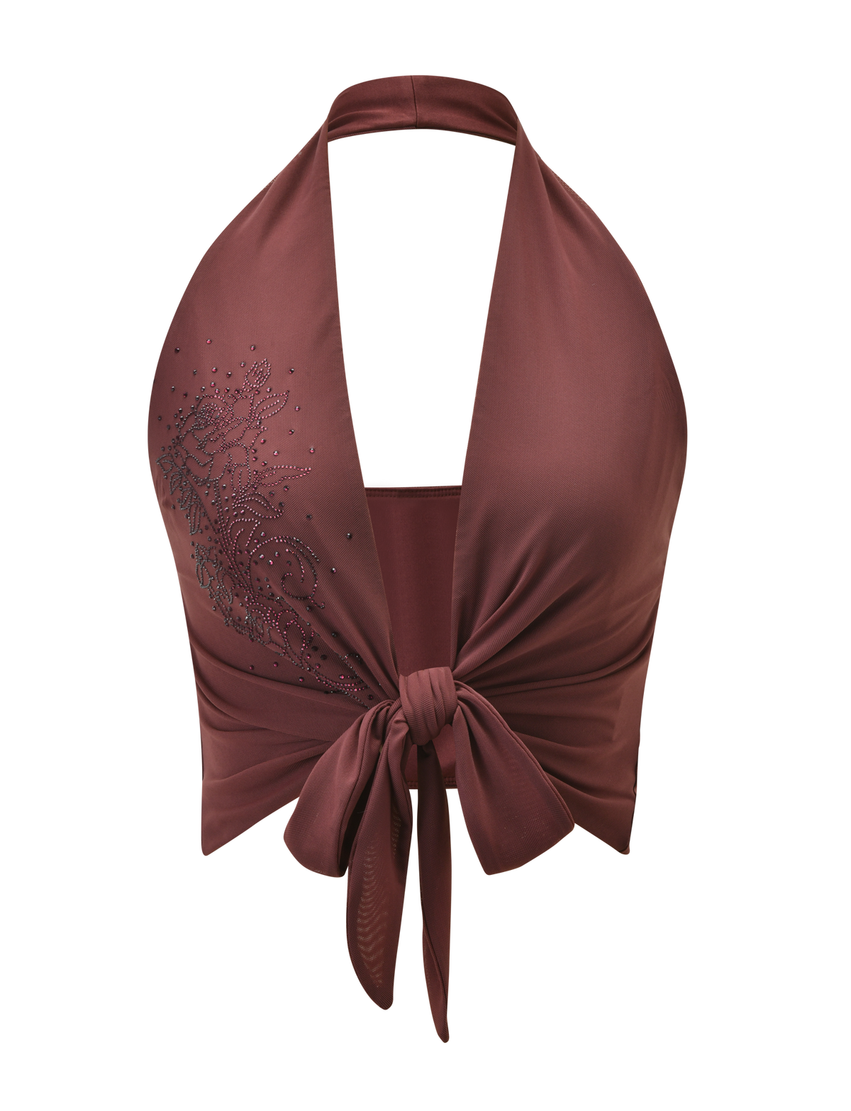 The GEORGIE DIAMANTE TOP by TIGERMIST is a sleeveless chocolate halter-neck top with a tie-front and elegant diamante detailing.