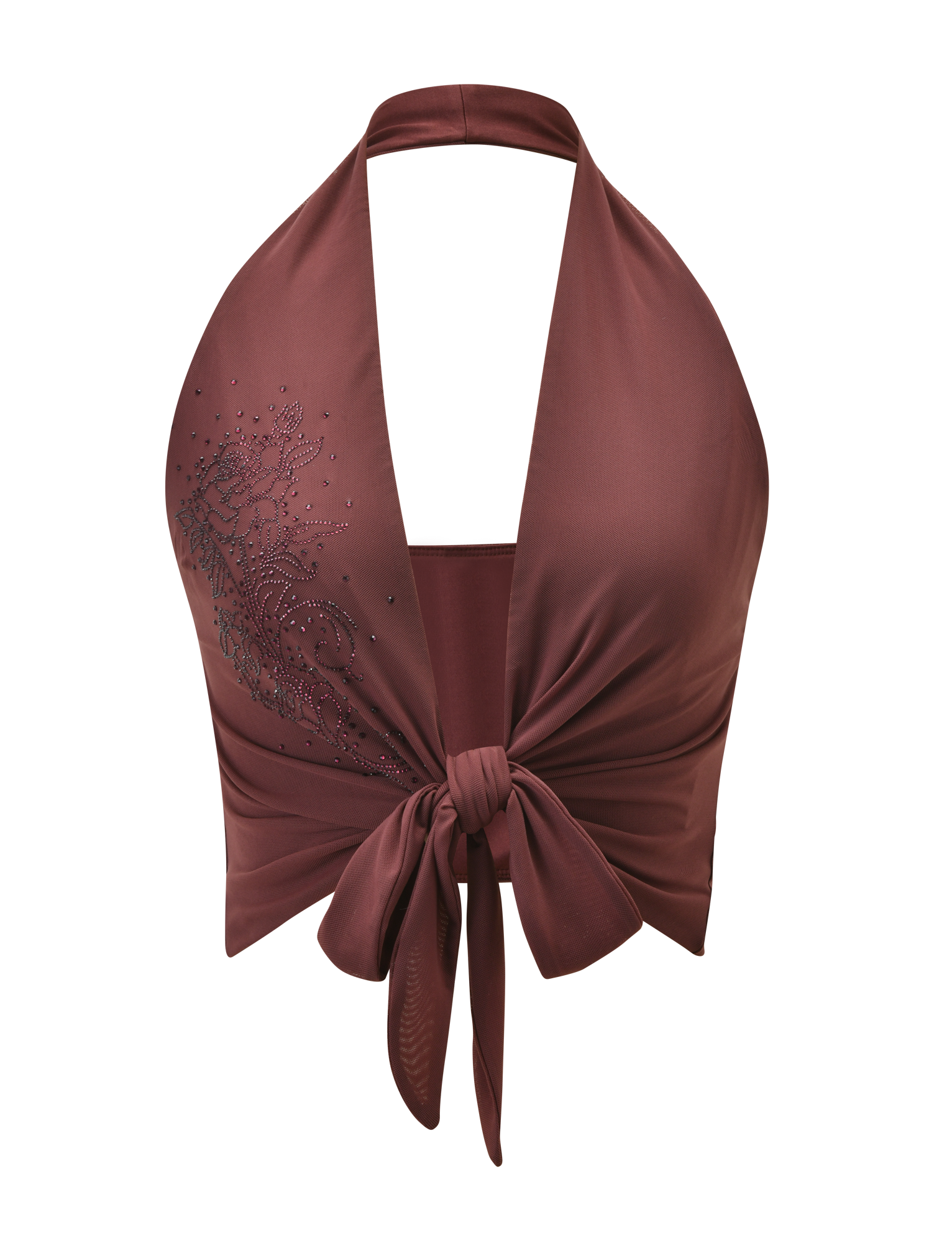The GEORGIE DIAMANTE TOP by TIGERMIST is a sleeveless chocolate halter-neck top with a tie-front and elegant diamante detailing.