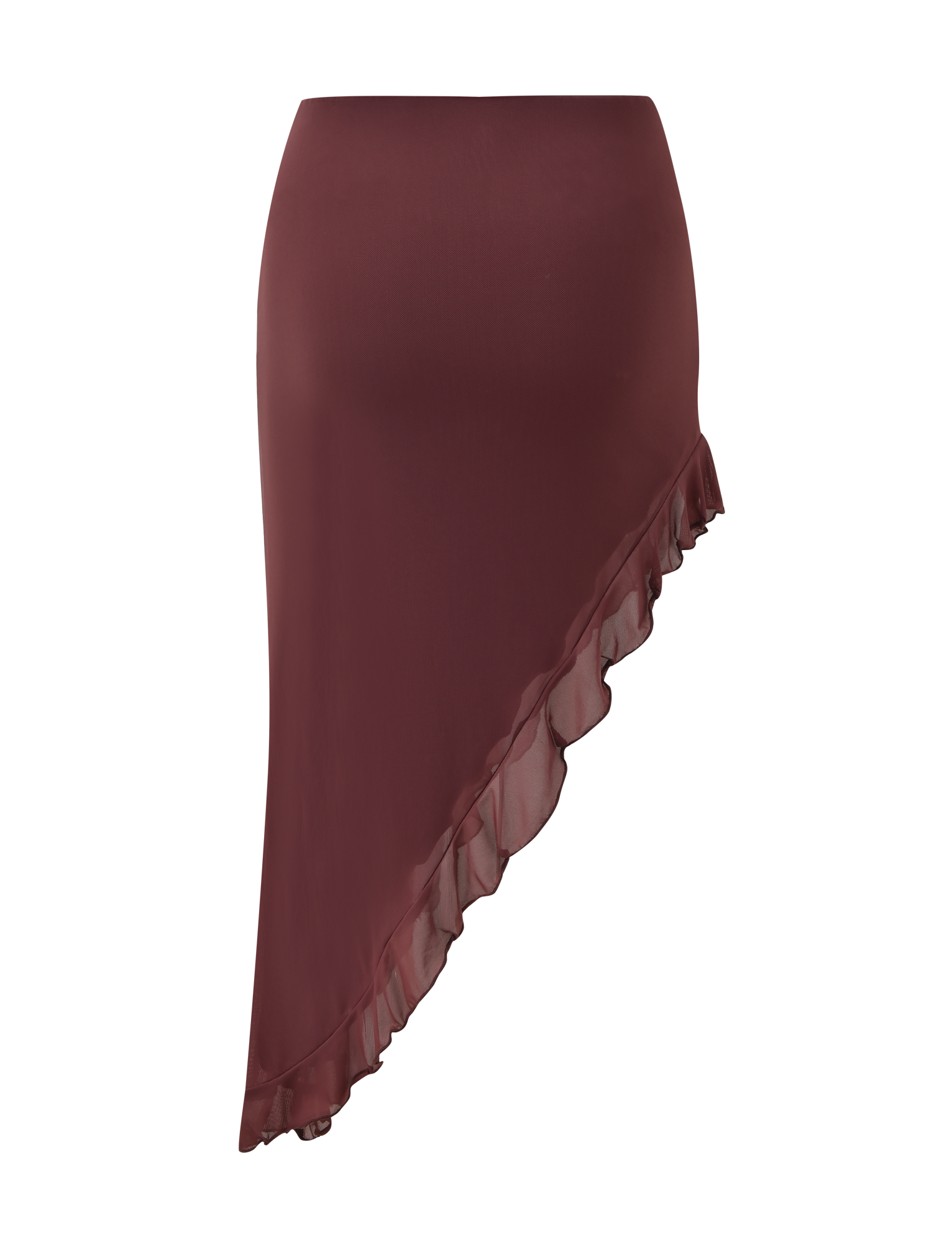 The TIGERMIST GEORGIE DIAMANTE HI LO SKIRT in chocolate is a high-waisted midi skirt with an asymmetrical hem and ruffled edge, shown on a plain white background.