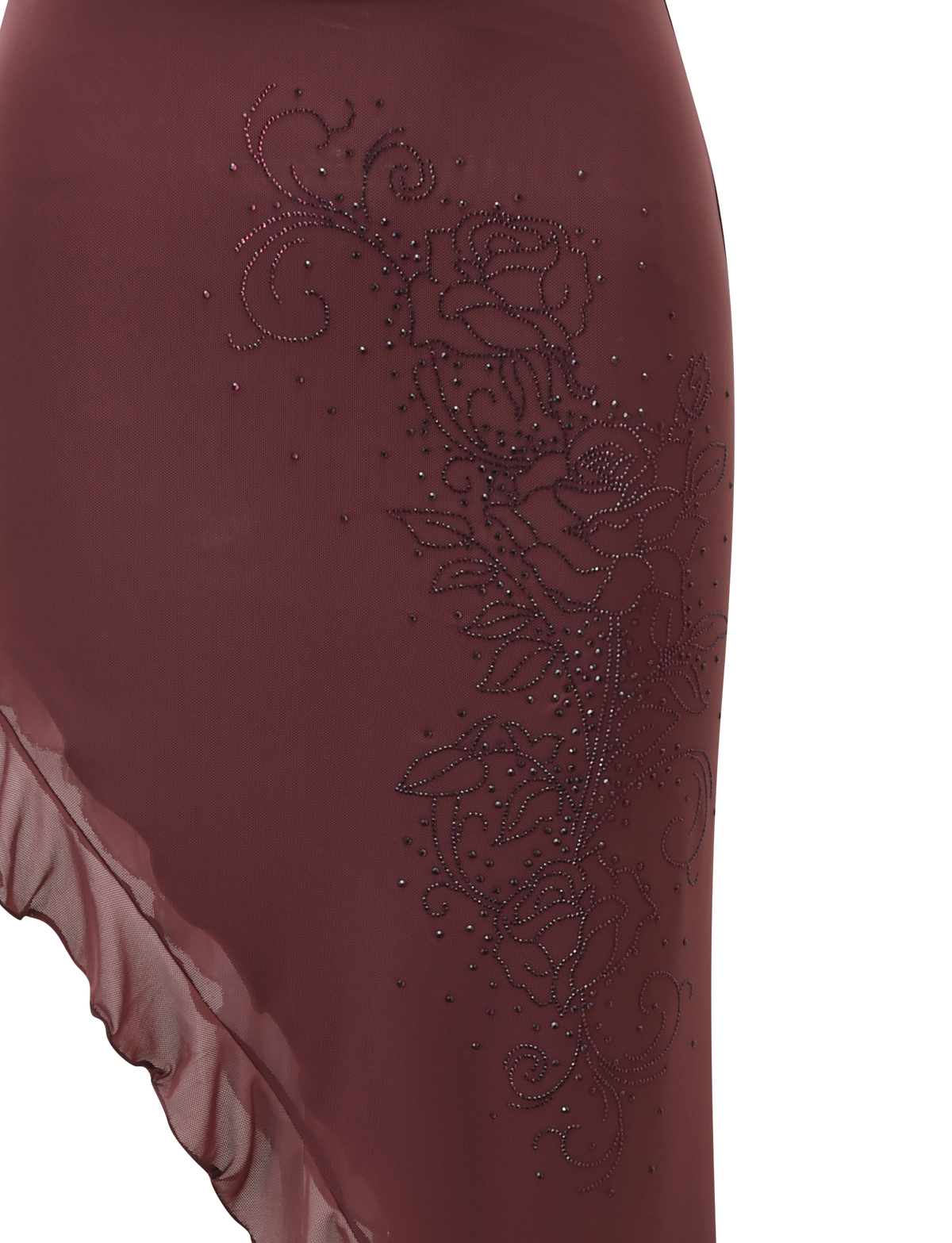 A close-up of TIGERMIST’s GEORGIE DIAMANTE HI LO SKIRT in chocolate, featuring a burgundy sheer overlay with an asymmetrical hem and detailed floral beadwork of roses and leaves.