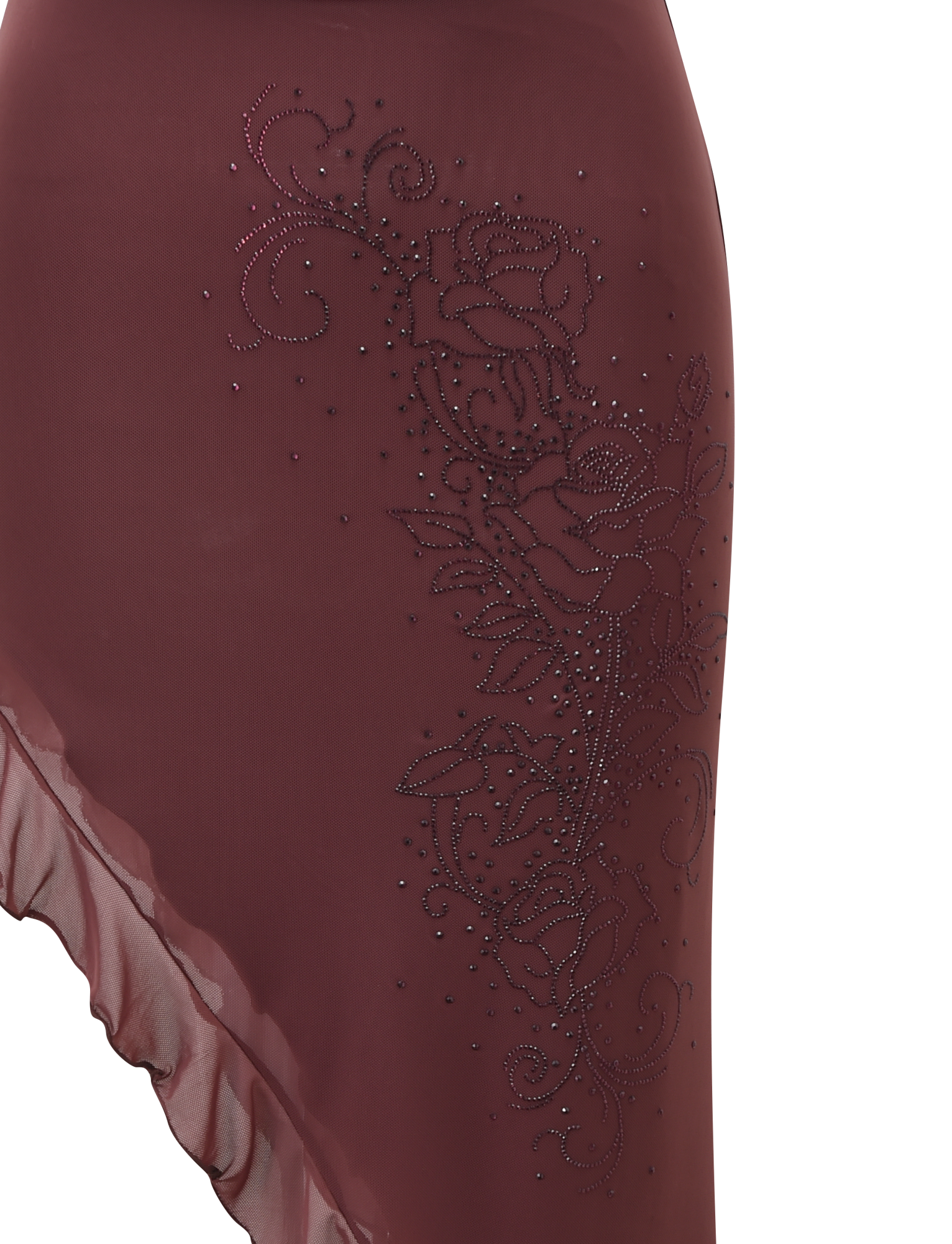 A close-up of TIGERMIST’s GEORGIE DIAMANTE HI LO SKIRT in chocolate, featuring a burgundy sheer overlay with an asymmetrical hem and detailed floral beadwork of roses and leaves.
