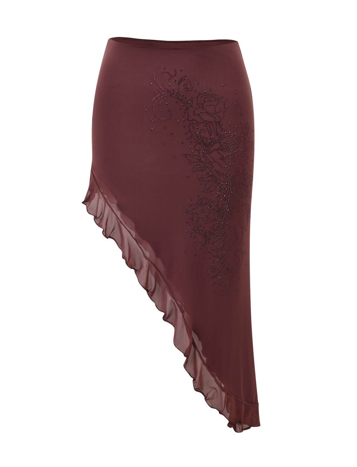The TIGERMIST GEORGIE DIAMANTE HI LO SKIRT in chocolate features a hi-lo ruffled hem on one side, delicate floral embroidery with beaded details on the front, and is crafted from a lightweight semi-transparent fabric.