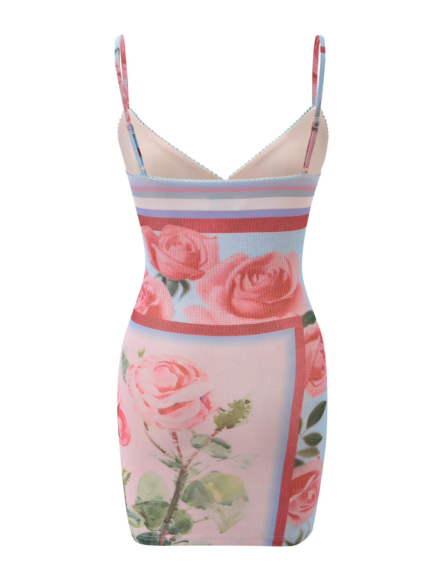 The TIGERMIST JULIANNA MINI DRESS - POSTCARD FLORAL is a sleeveless, fitted mini dress with thin straps, featuring a pink rose print and bordered square patterns in soft pink, blue, and lavender tones.