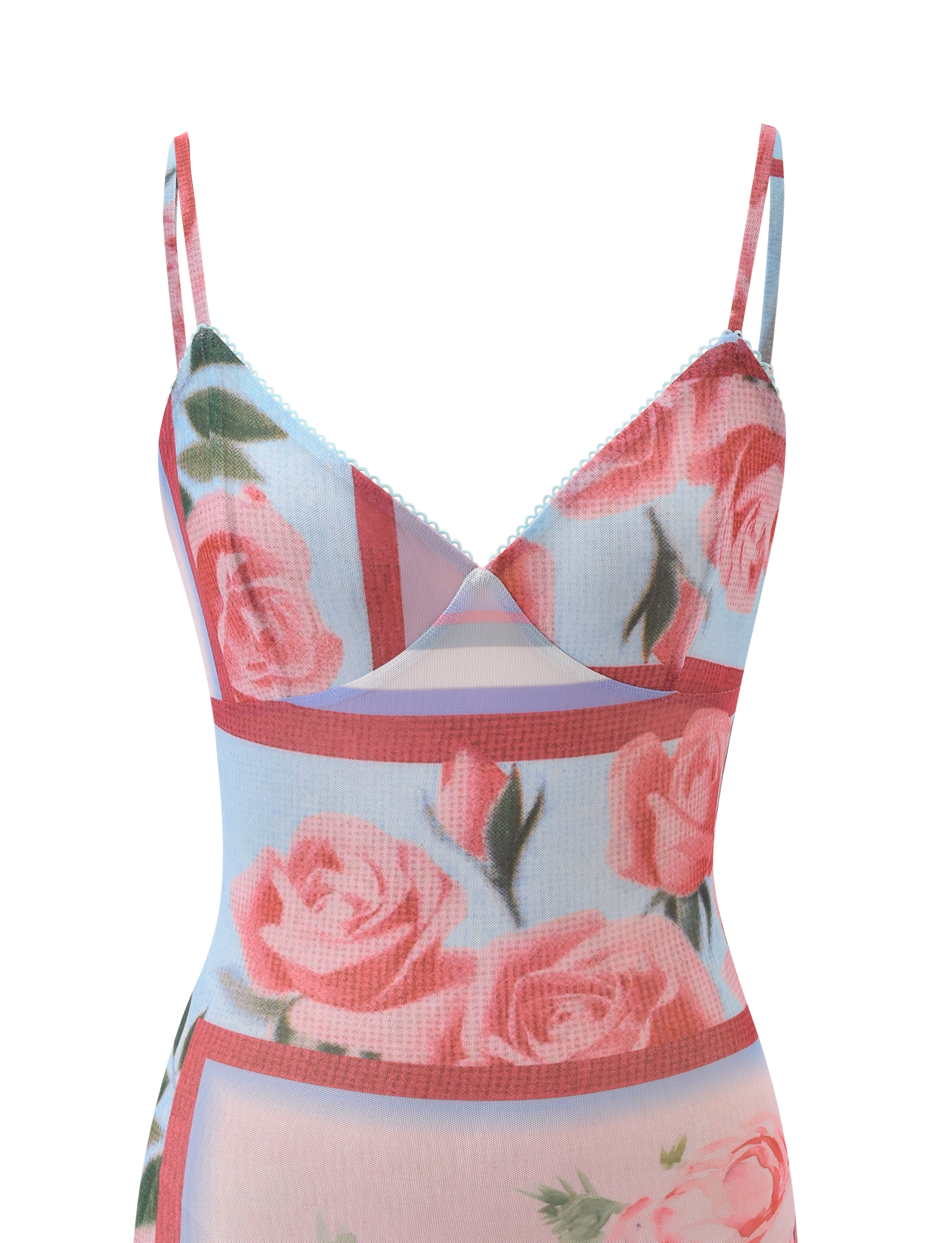 The TIGERMIST JULIANNA MINI DRESS - POSTCARD FLORAL is a sleeveless, V-neck mini with thin straps, showcasing pink floral mesh on a light blue base with red and pink geometric lines for a charming, elegant look.