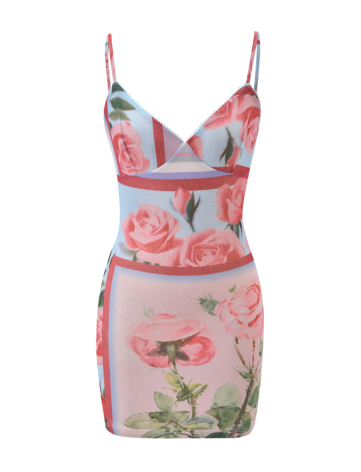 The JULIANNA MINI DRESS - POSTCARD FLORAL by TIGERMIST is a sleeveless bodycon mini dress with thin straps, showcasing a pink and red rose print on a light blue and blush background.