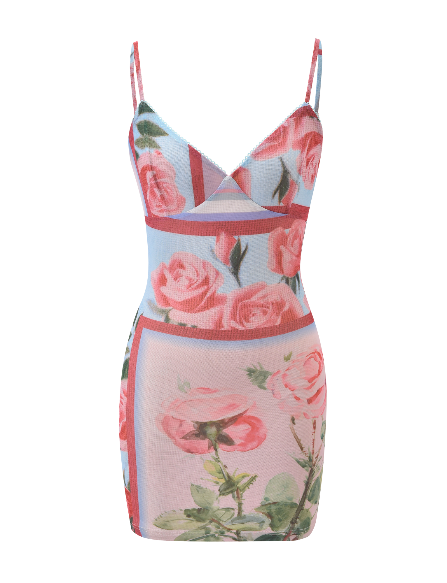 The JULIANNA MINI DRESS - POSTCARD FLORAL by TIGERMIST is a sleeveless bodycon mini dress with thin straps, showcasing a pink and red rose print on a light blue and blush background.
