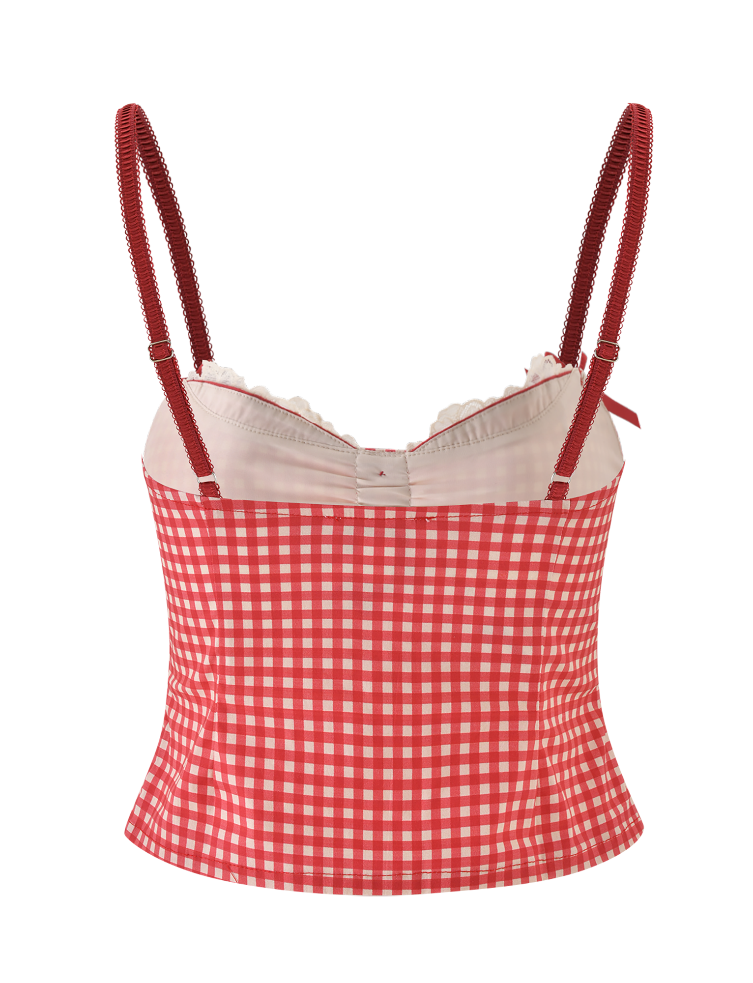 The TIGERMIST EMMALINE BUSTIER in red gingham features a slight sweetheart neckline and thin adjustable shoulder straps, shown against a white background.