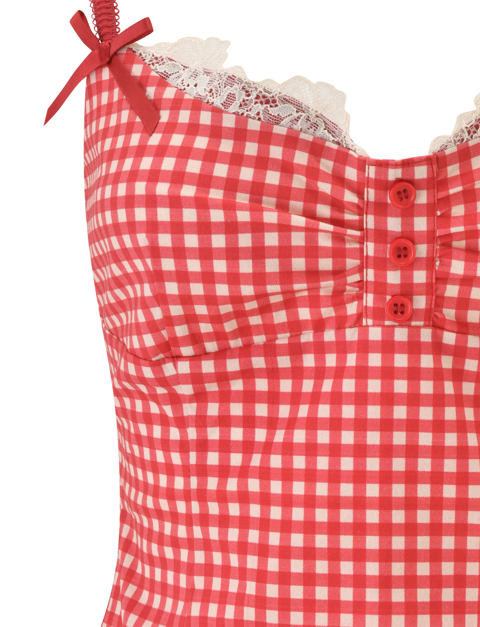 Close-up of the EMMALINE BUSTIER by TIGERMIST, showcasing a red gingham pattern, sweetheart neckline with lace trim, red front buttons, and a small bow accent on one adjustable strap.