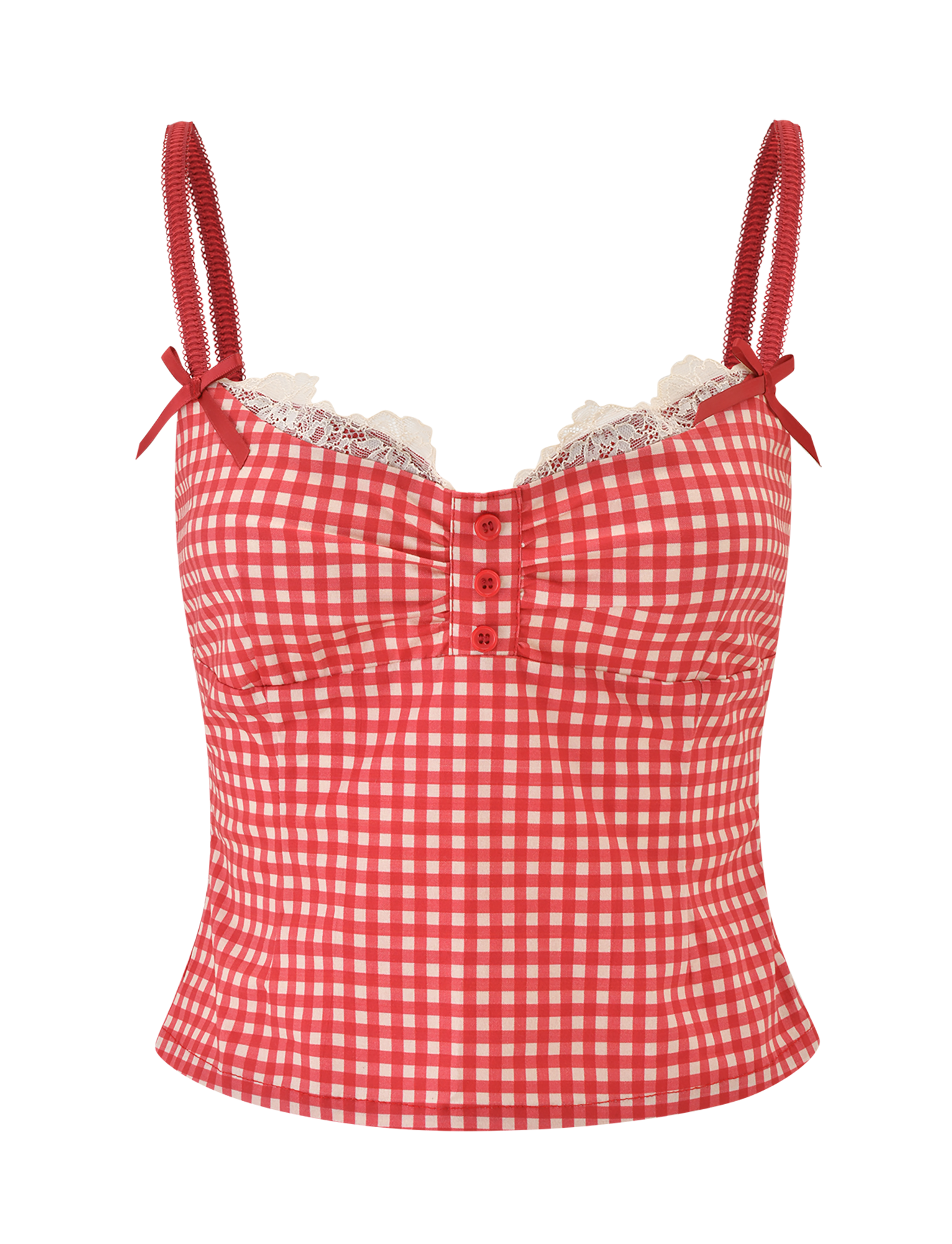 The EMMALINE BUSTIER by TIGERMIST features red gingham fabric, a sweetheart neckline with lace trim, adjustable straps with small bows, and front buttons.