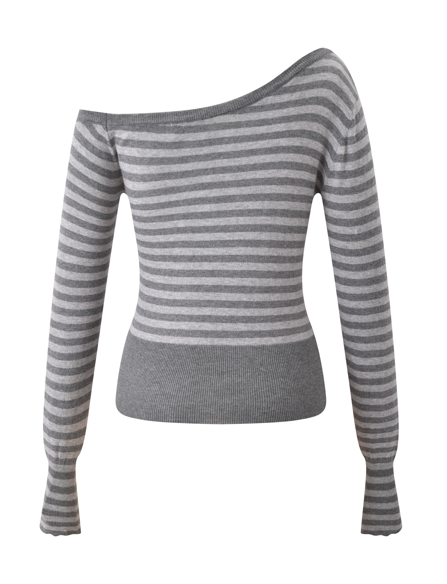 The TIGERMIST TYLA JUMPER - GREY STRIPE is a gray and light gray striped knit sweater with a wide, asymmetrical off-shoulder neckline, fitted waist, and ribbed cuffs and hem, shown against a plain white background.