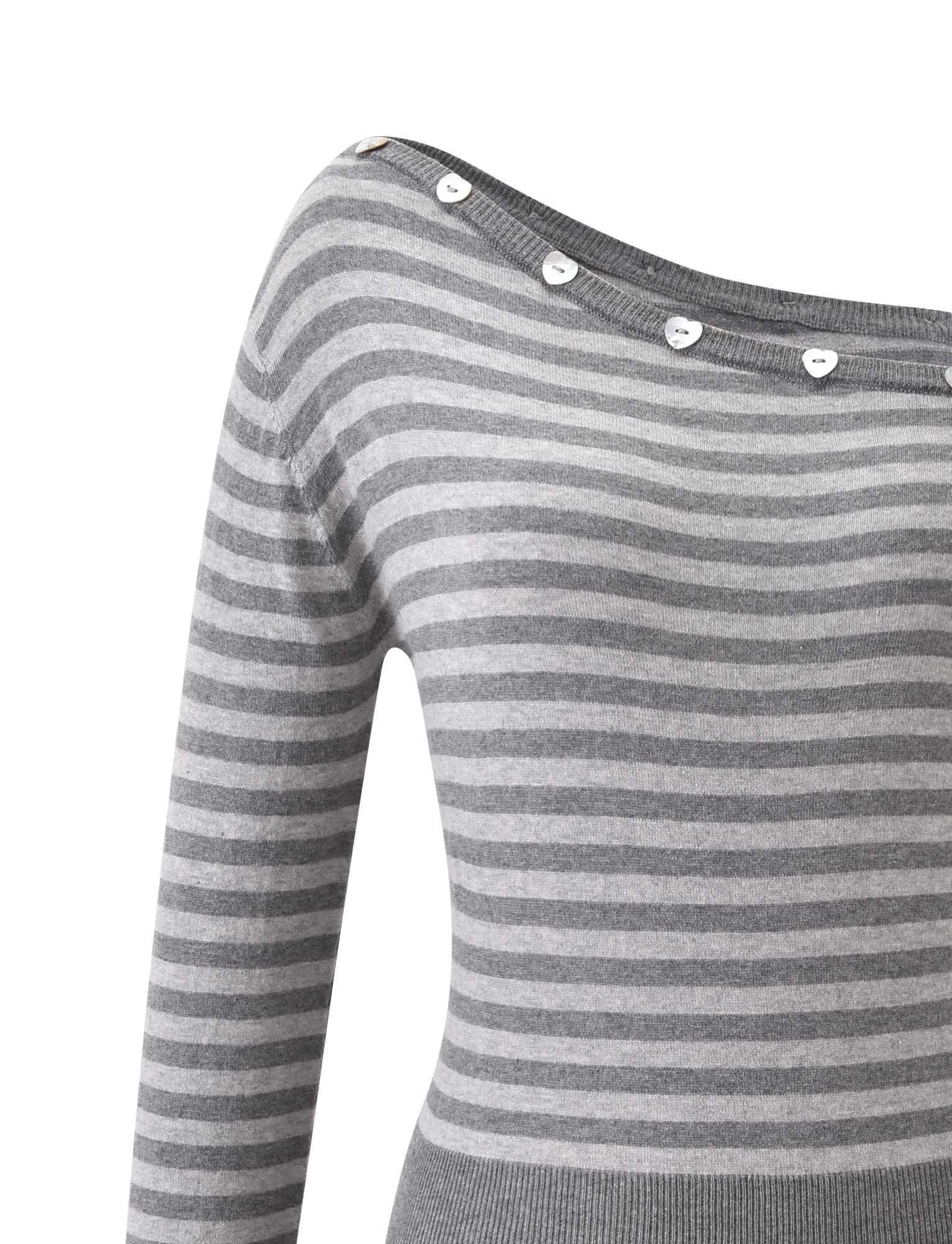 The TYLA JUMPER - GREY STRIPE by TIGERMIST is a close-up of a grey and light grey striped knit sweater with a boat neckline and elegant white buttons along the edge.